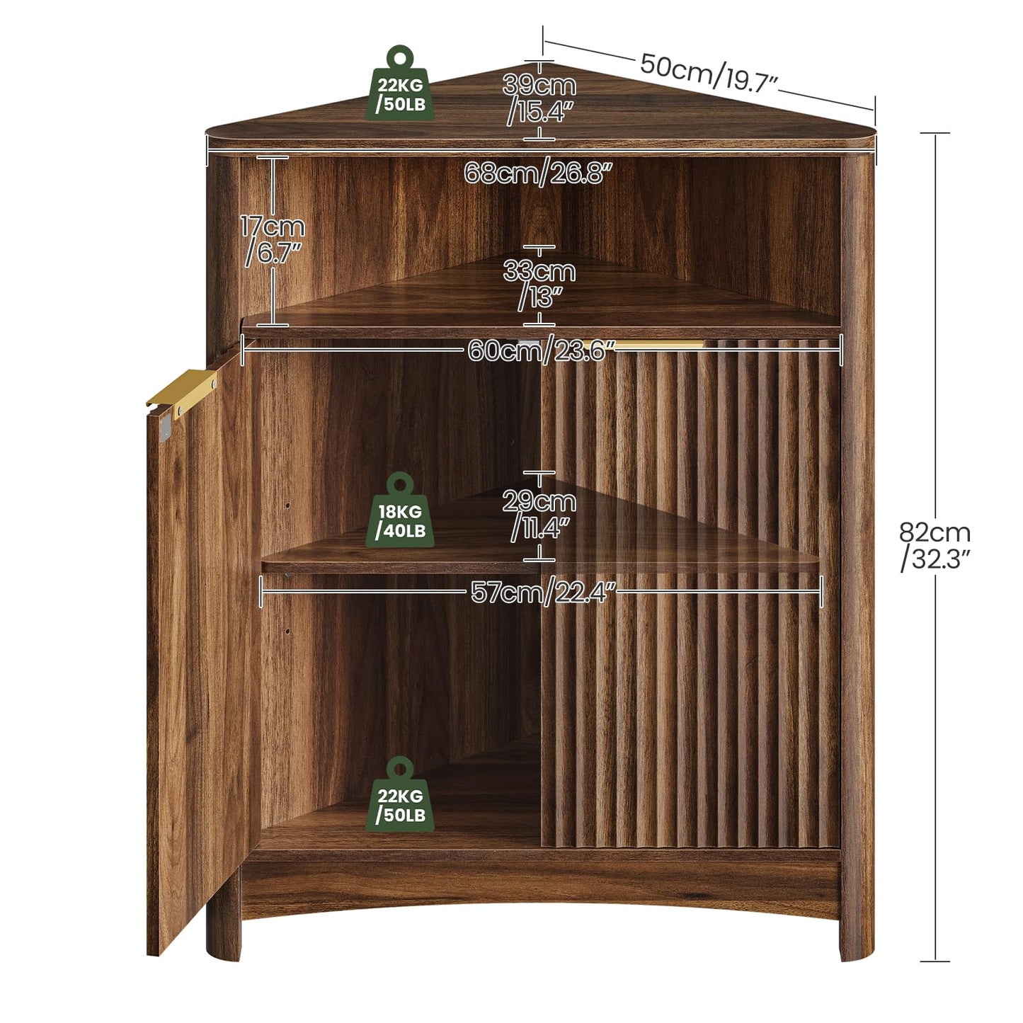 CHOEZON Corner Cabinet, Corner Storage with Fluted Panels and Adjustable Shelf, Modern Floor Cabinets for Small Spaces, Bathroom, Living Room, Kitchen, Walnut MCW23HT