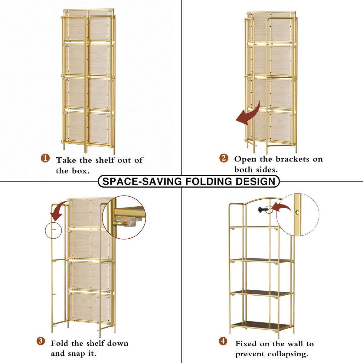 Crofy No Assembly Folding Bookshelf for Living Room, 4 Tier Gold Collapsible Book Shelf for Home Office, Portable Bookcase Storage Organizer