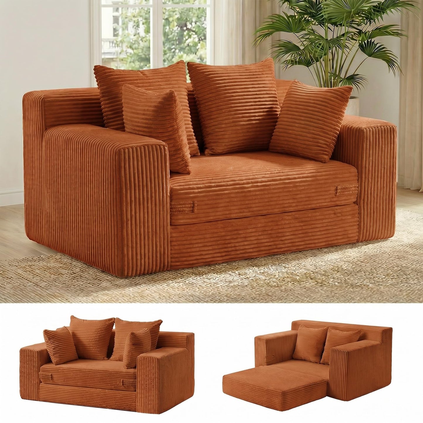cidludto Convertible Sofa Bed, Boneless Couch 2 in 1 Loveseat Folding Couch Bed Foldable, Chair Bed & Futon Sofa Bed, Small Corduroy Pull Out Sofa with 4 Pillows for Living Room, Orange