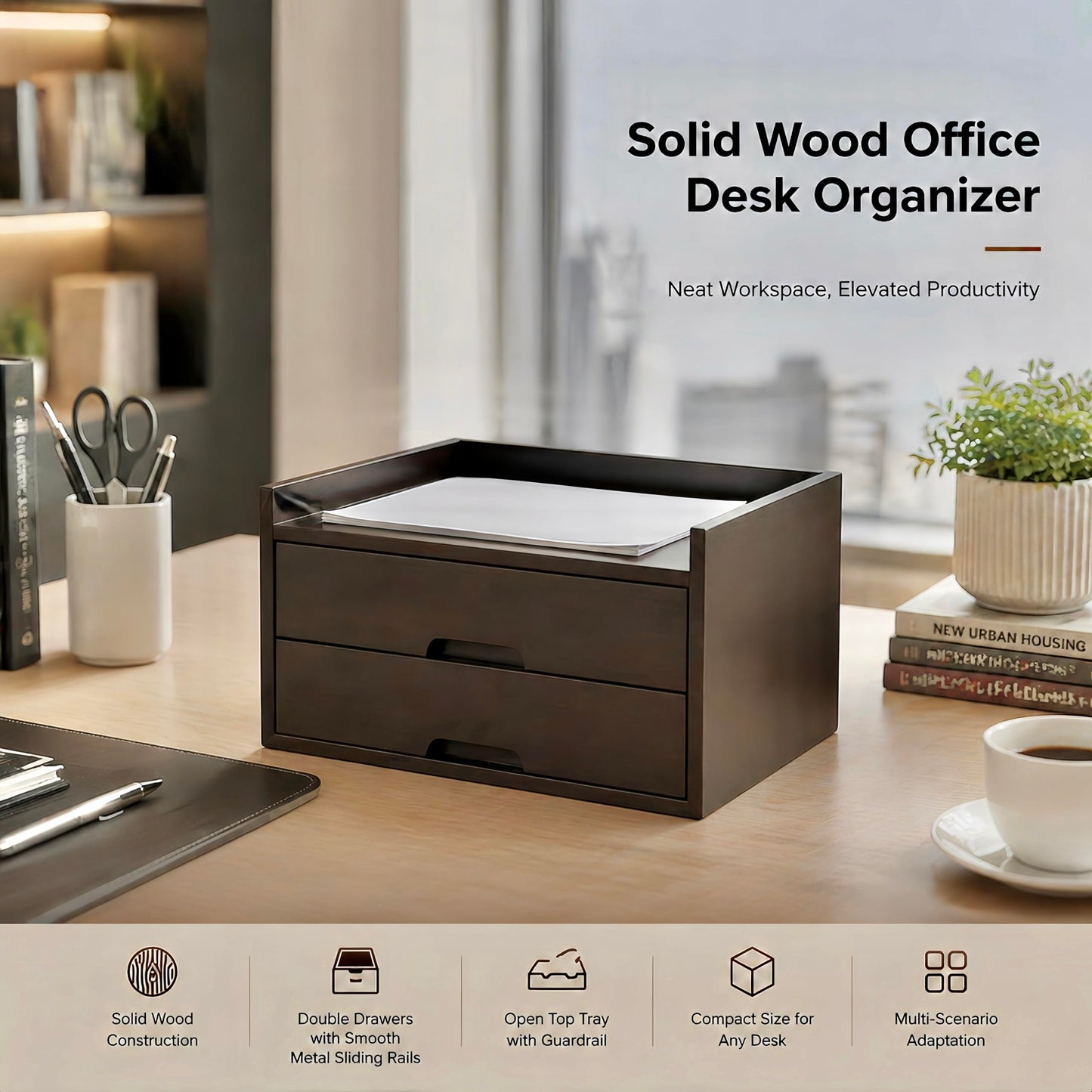Gphudpzdl Solid Wood Desk Organizer with Drawers, Wooden Desk Storage Organizer with Smooth Slides, Filing A4 Paper File Organizer for Home Office, Bedroom & Makeup, Fully Assembled, Walnut Finish