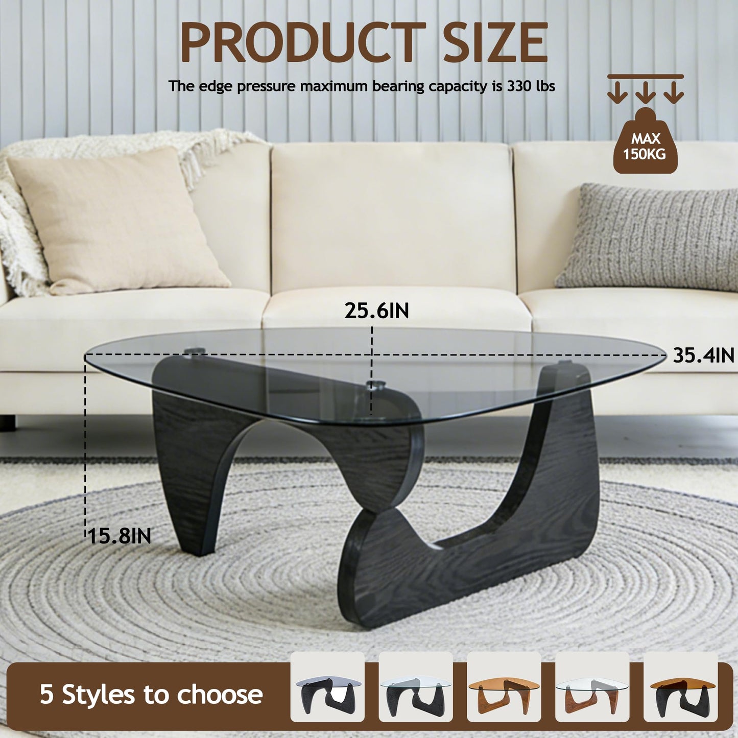 Glass Coffee Table, Coffee Table for Living Room Mid Century Modern Center Table with Tempered Glass-top with Sturdy Wooden Base, for Small Space, Apartment, Easy to Install