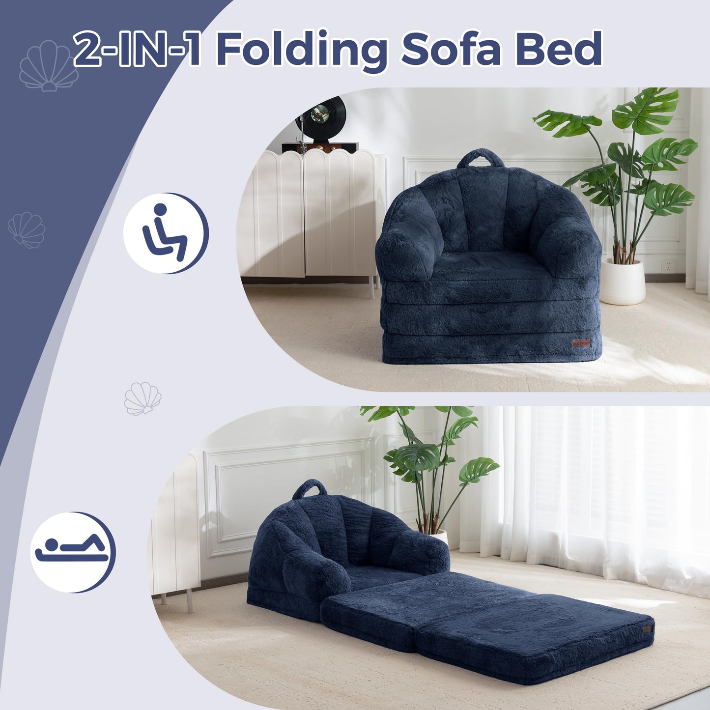 MAXYOYO Folding Sofa Bed, 2 in 1 Convertible Sofa to Lounger Comfy Single Bean Bag Chair for Adults, Floor Couch with Handle, Faux Fur Couch Bed for Living Room Bedroom, Navy