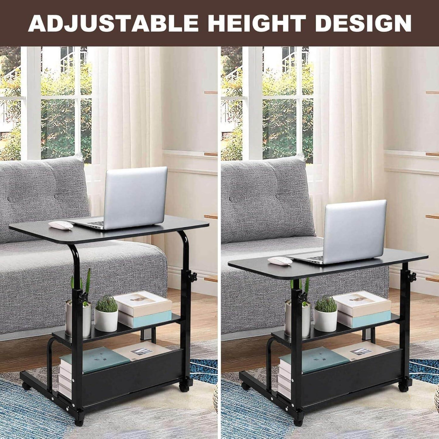 Dekhaoxe Adjustable Height Mobile Computer Desk for Small Space Rolling Writing with Wheels Corner Home Office Study Portable Bedrooms Work Desk Standing Desk Sizes 31.5X15.7 Inches Black C