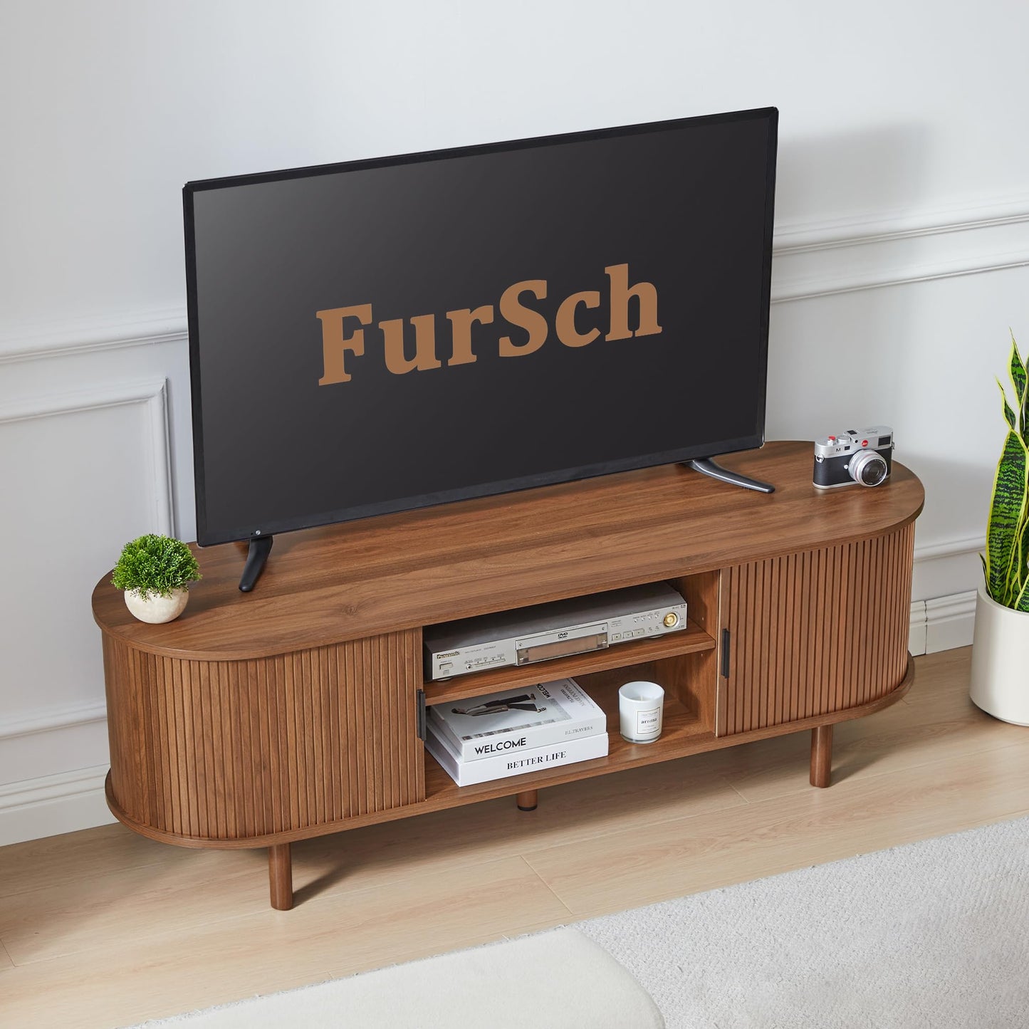 FurSch 53" Tambour Door TV Stand,Wood Mid Century Modern TV Cabinet for Up to 65“ TV,Curved Edge Long TV Stand with Storage for Bedroom Living Room(Walnut, 53inch)