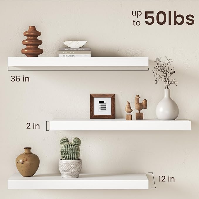 36Inch White Floating Shelves for Wall, 12 Inch Deep Shelves for Bedroom