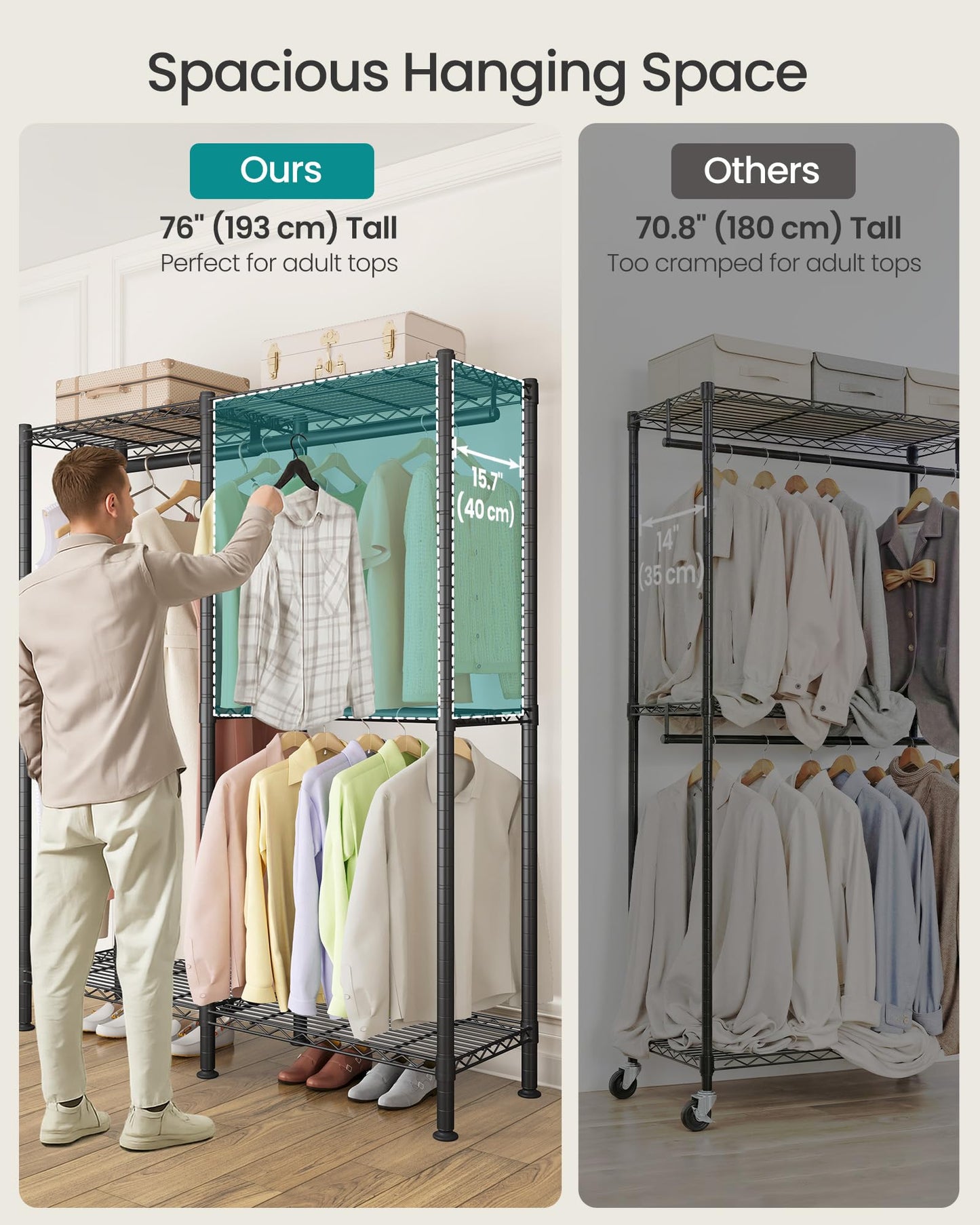 SONGMICS Clothing Rack, Heavy-Duty Garment Rack with Adjustable Storage Shelves and Hanging Rails, Fabric Cover, Freestanding Portable Wardrobe Closet, Ink Black ULGR424BH01