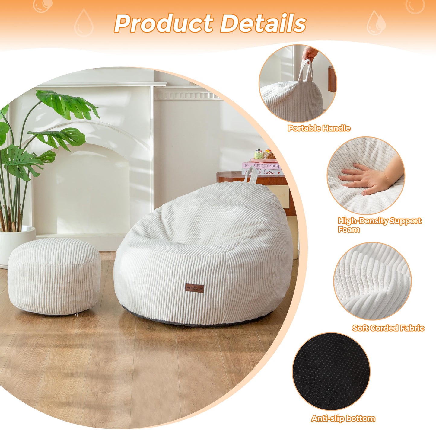 MAXYOYO Kids Bean Bag Chair with Ottoman, Soft Plush Bean Bag Sofa with Removable Cover for Boys and Girls, Convenient Floor Seat with Handle, Comfy Toddler Lounge Chair for Playroom, Bedroom, Beige