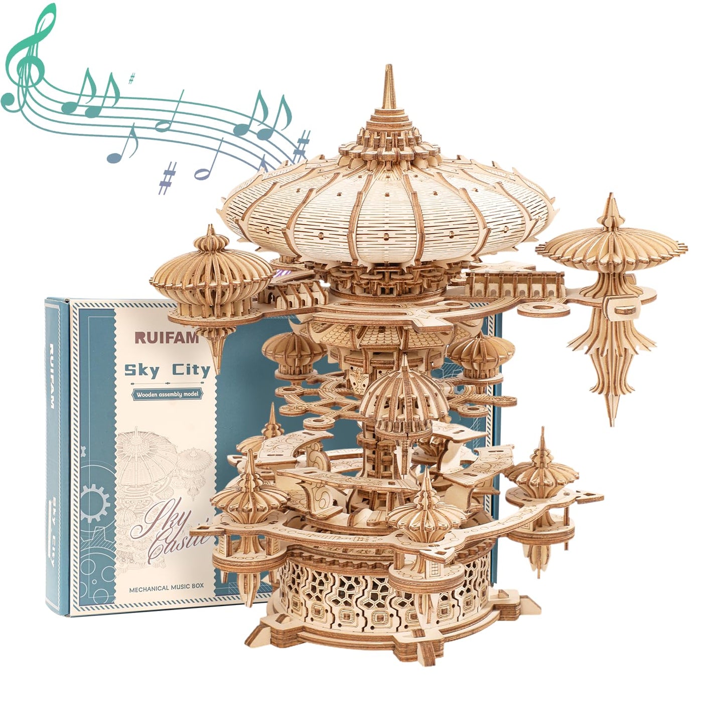 RUIFAM 3D Wooden Puzzles for Adults, SkyCity Music Box Model Kit, 600+ Pcs Cityscape Design, Challenging Mechanical DIY Craft, STEM Toy and Unique Gift for All Occasions