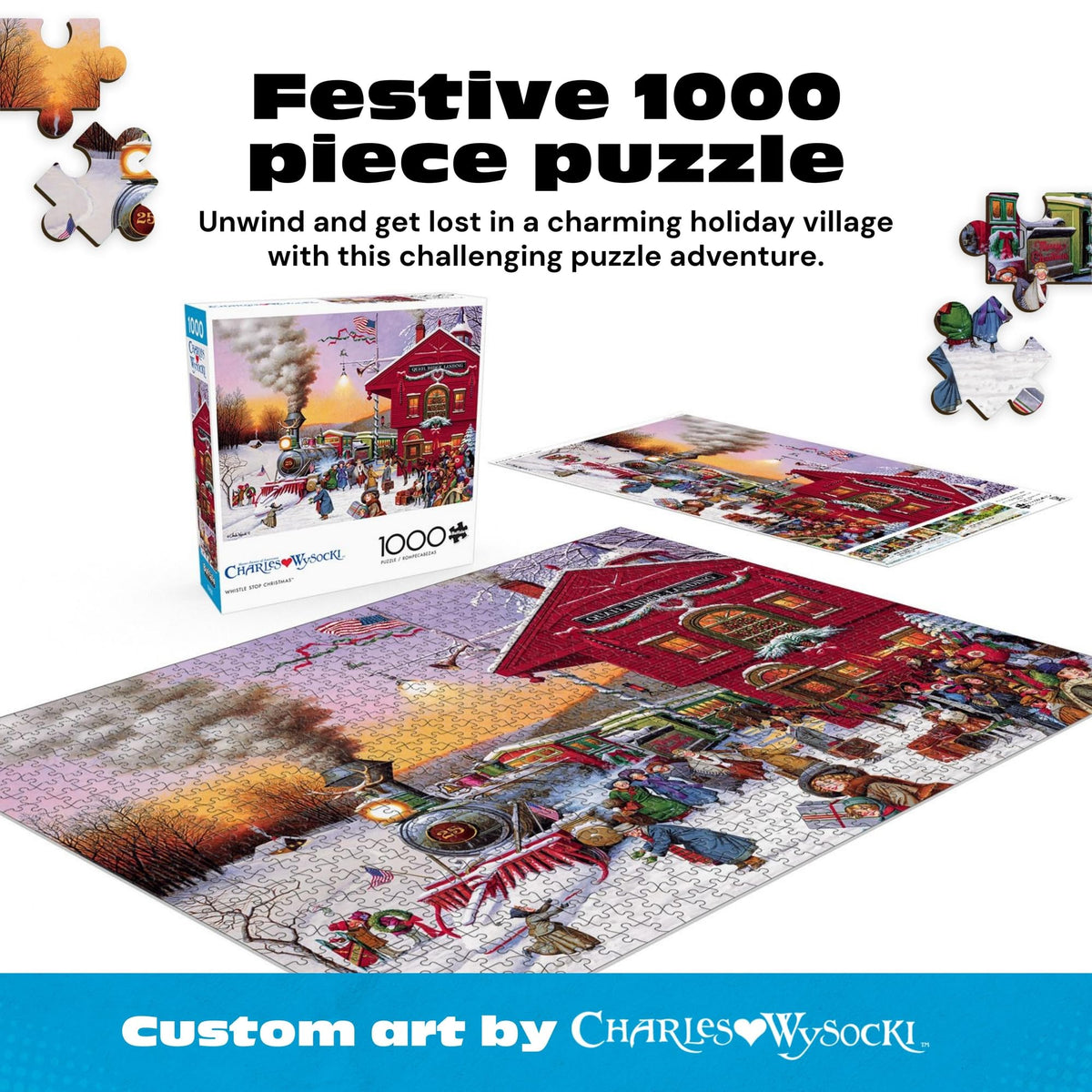 Buffalo Games – Charles Wysocki - Whistle Stop Christmas- 1000 Piece Holiday Jigsaw Puzzle - Festive Puzzles for Adults – Precision-Cut Pieces, Winter Artwork, Hours of Relaxing Fun