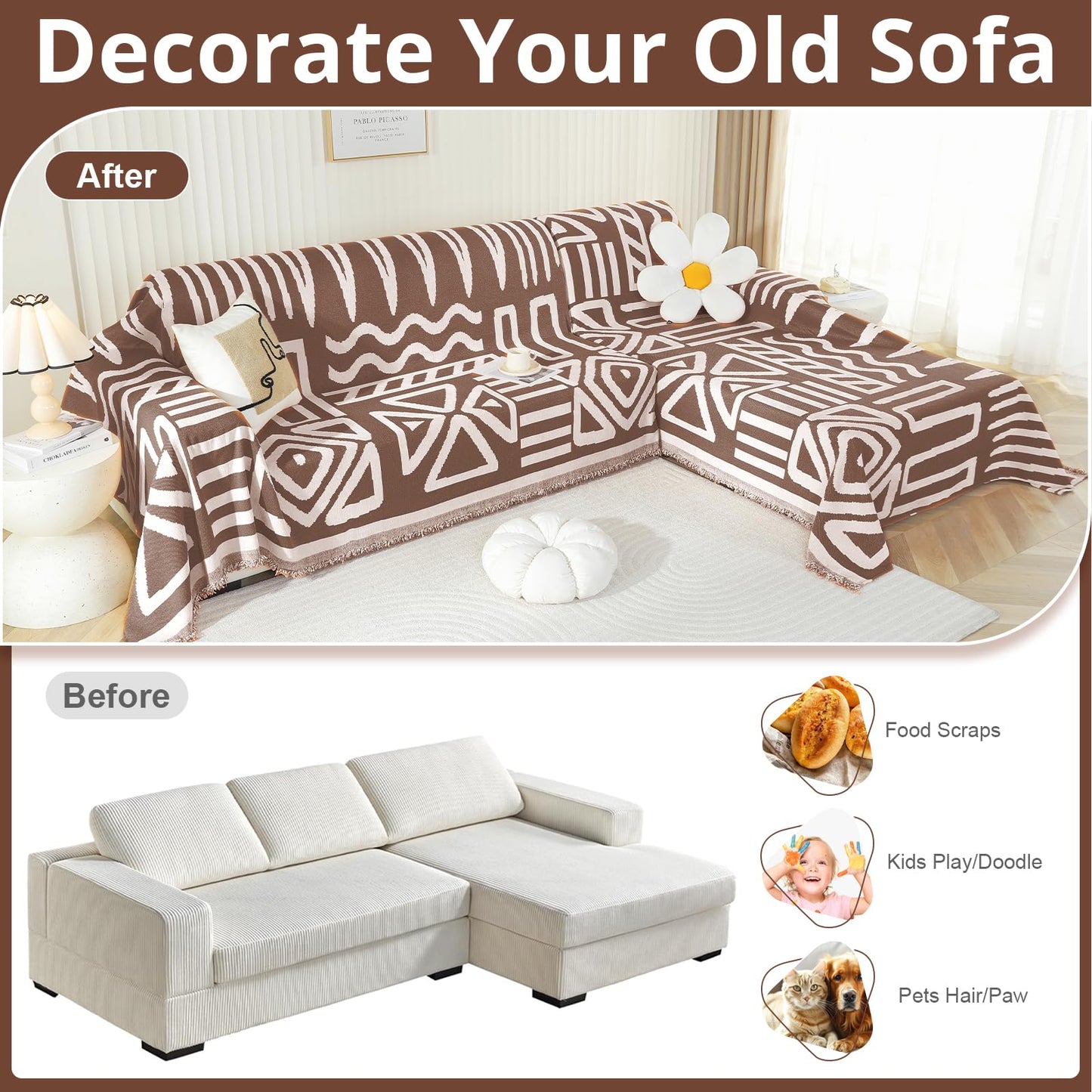 Royhom Sectional Couch Covers 2 Pieces, L Shaped Couch Cover Blanket, Boho Sofa Covers Washable, Sofa Slipcover with Tassel, Suitable for All Seasons (71"x118"+71"x118", Coffee)