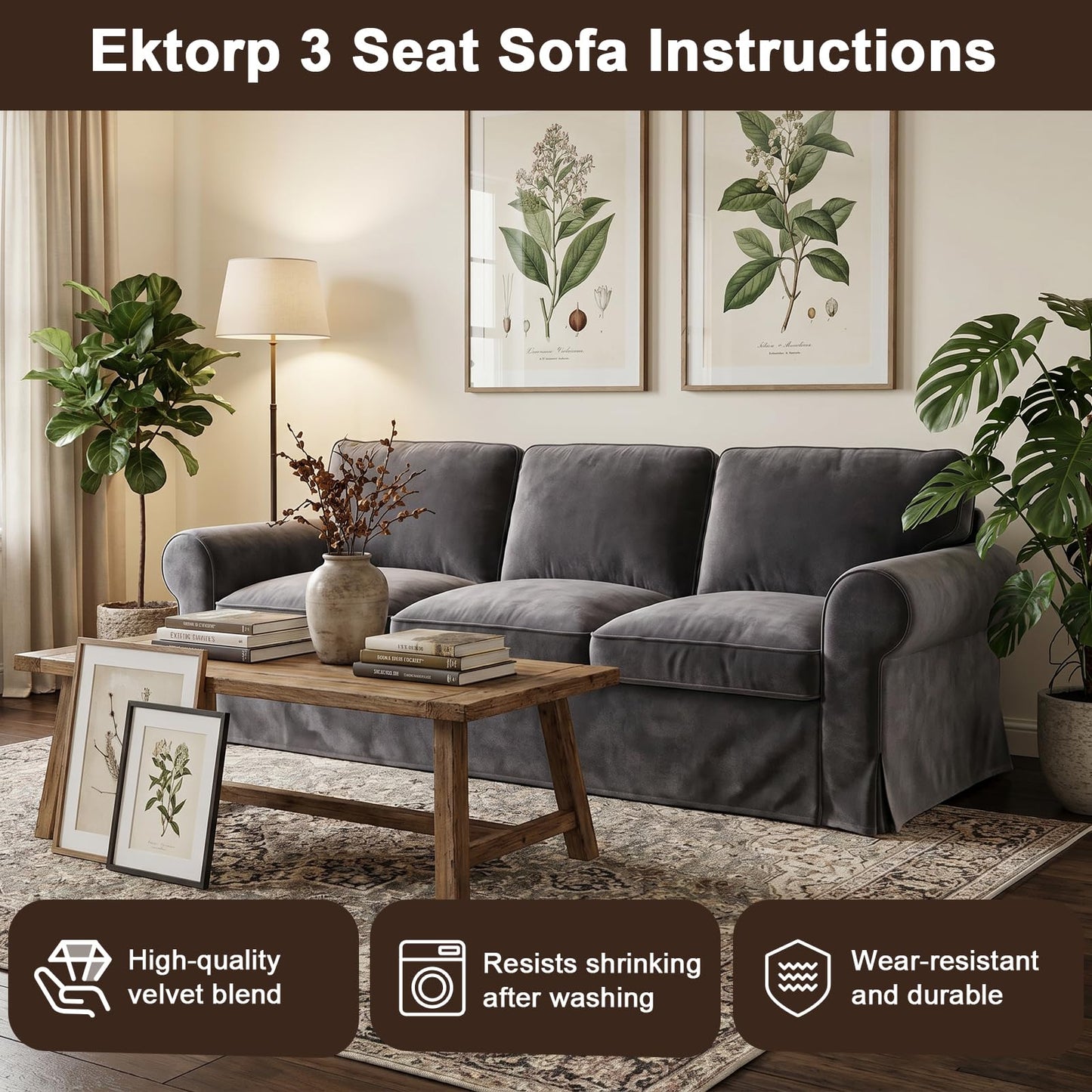 Velvet Pet-Friendly Replacement Sofa Cover Compatible for IKEA Ektorp 3 Seat Sofa Slipcovers, Couch Cover Only, 7-Piece Slipcover, Grey, Couch Cover Not Include The Sofa Body