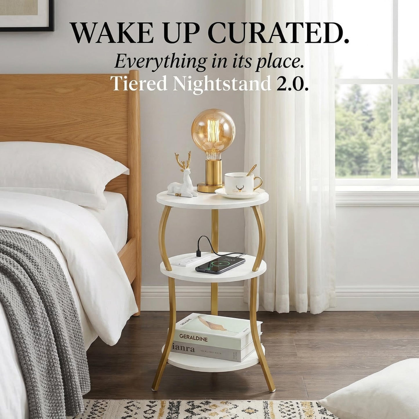 Small Round Side Table with Charging Station, 3-Tier Waist Circular End Table with Storage Shelf, Compact Tea Sofa Side Table Small Spaces, Round Corner Coffee Table for Living Room Bedroon,White+Gold