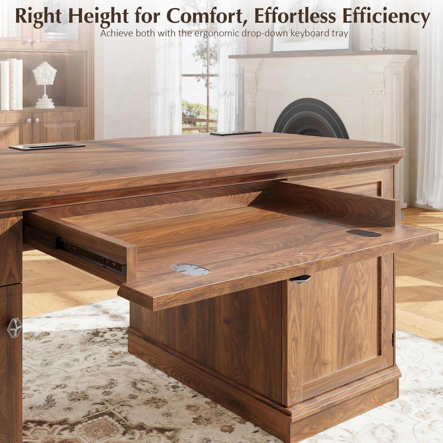 AMBERHAUS 59" Classic Executive Desk with Storage, Victorian Executive Desk with Charging Station, Keyboard Tray, 3 Drawers & 2 Cabinet Storage & 2 Pedestals, Easy Assembly, Dark Walnut