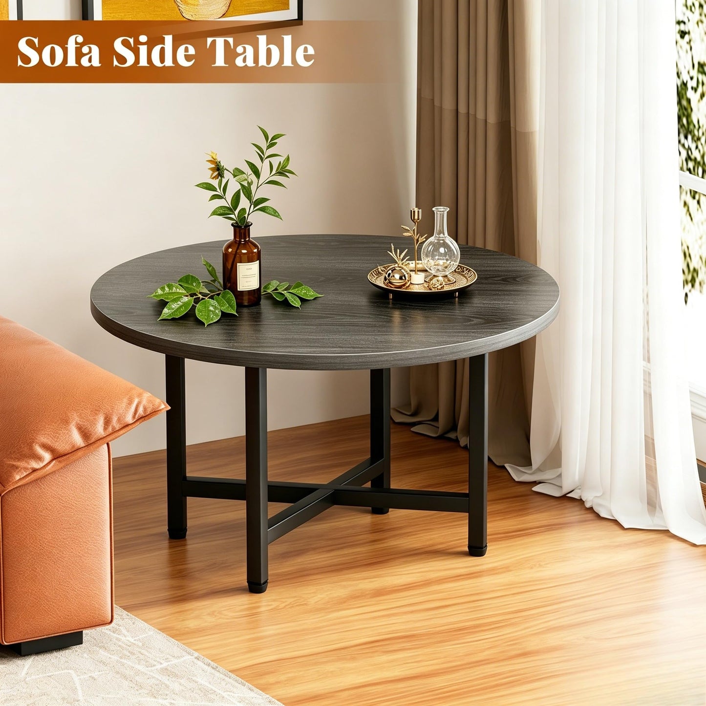 FURMORENE Coffee Table, 23.6" Small Coffee Tables, Gray Round Coffee Tables for Living Room, Floor Table for Sitting on The Floor, Center Coffee Table with Metal Frame for Office Apartment Home