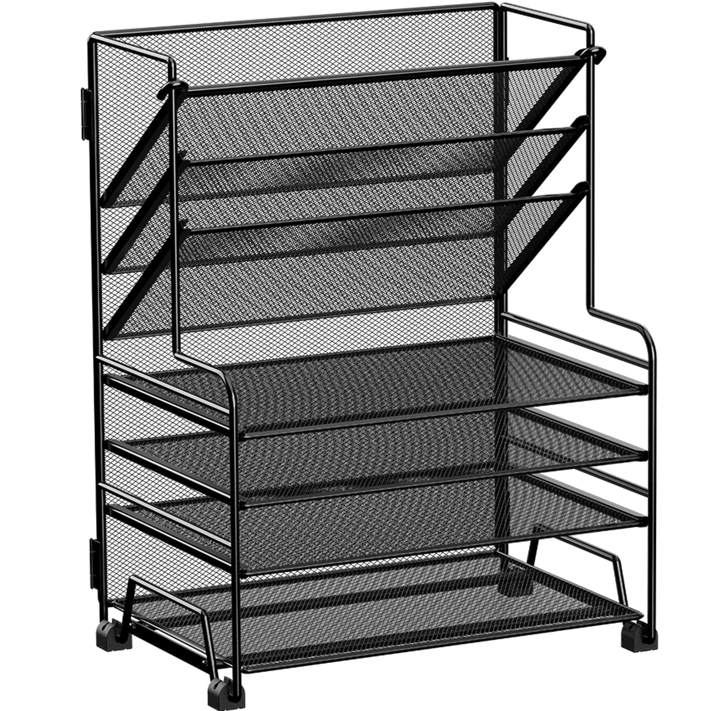 MINDEPOT 4-Tier Paper Organizer + 3-Pocket File Holder + Drawer + Pen Holders, Desktop File Organizers Paper Tray for Office Supplies School Classroom Organization (Black, No Drawer & Pen Holder)
