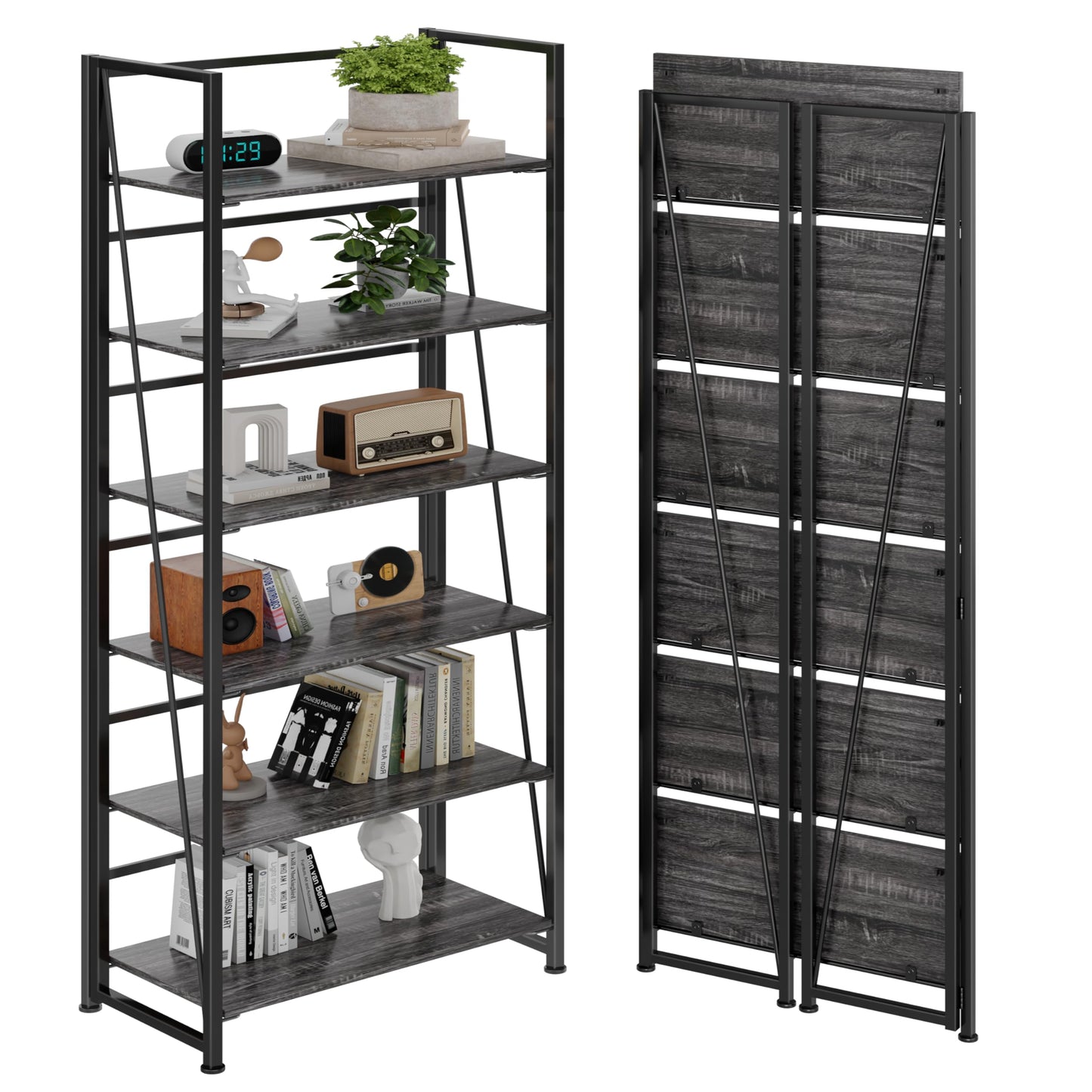BHG Vintage Multifunctional Folding Bookshelf, No-Assembly Plant Stand Storage Rack Shelves for Home Office