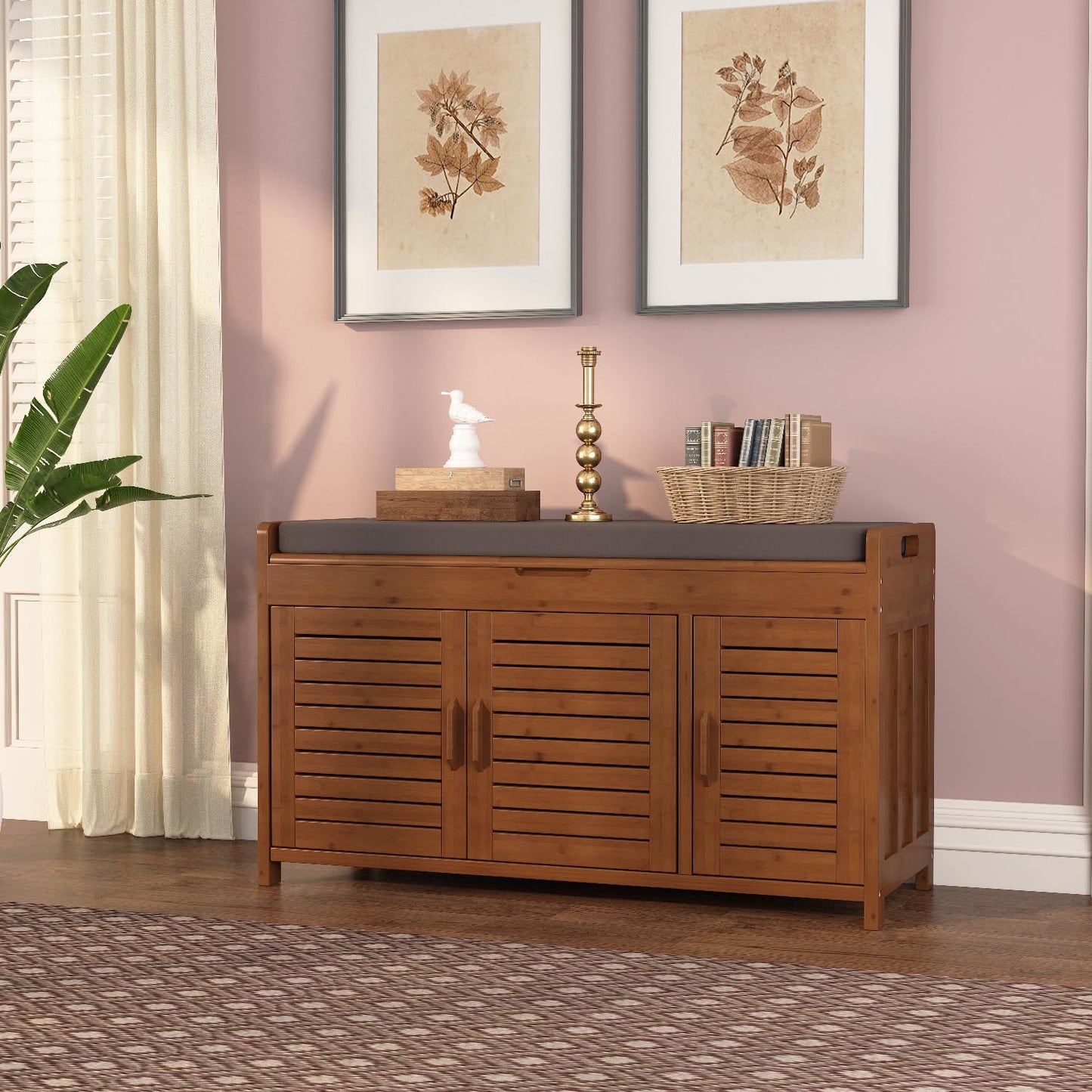 Wilk Shoe Bench with Storage, 2-Tier Shoe Cabinet with Padded Seat Cushion and 3 Darn Doors (38.2’’ (L) x 14.4’’ (W) x 19.7’’ (H))