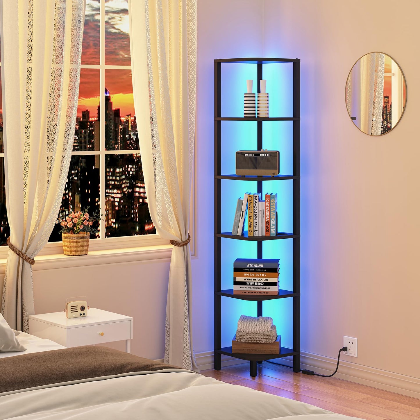 TUTOTAK Corner Shelf with LED Light, 6-Tier Corner Bookshelf for Small Space, Narrow Display Corner Shelf Stand with Storage Rack, for Living Room, Bedroom, Black BS08BK006L