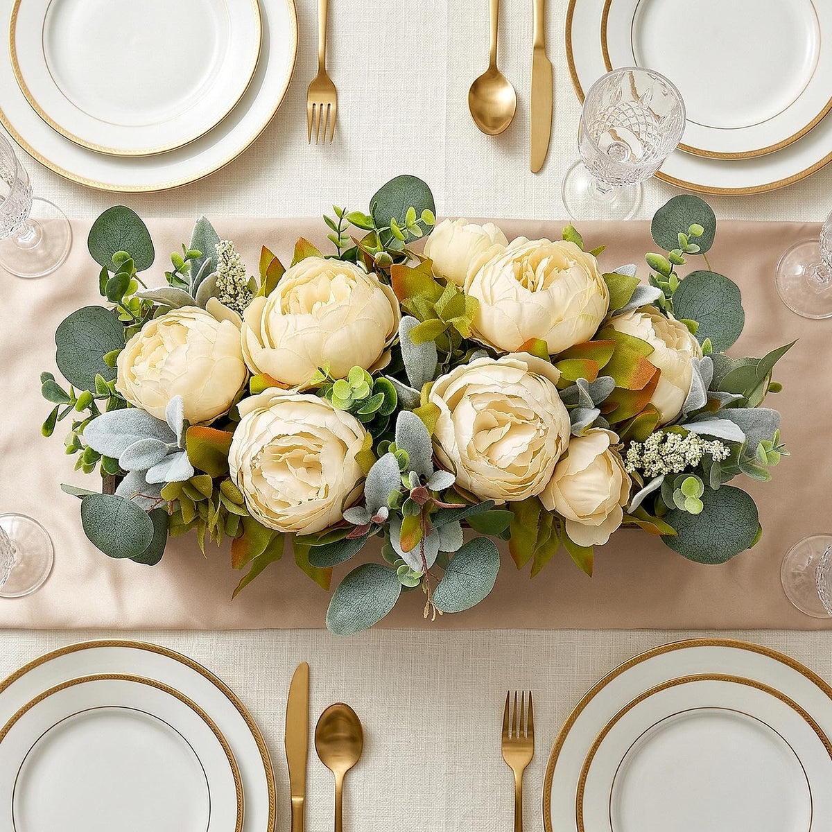 Scawim Flower Table Centerpieces for Dining Room, Summer Artificial Peony Table Centerpieces Wood Tray with Fake Flowers for Wedding Living Room Party Bar Kitchen Table(Champagne)