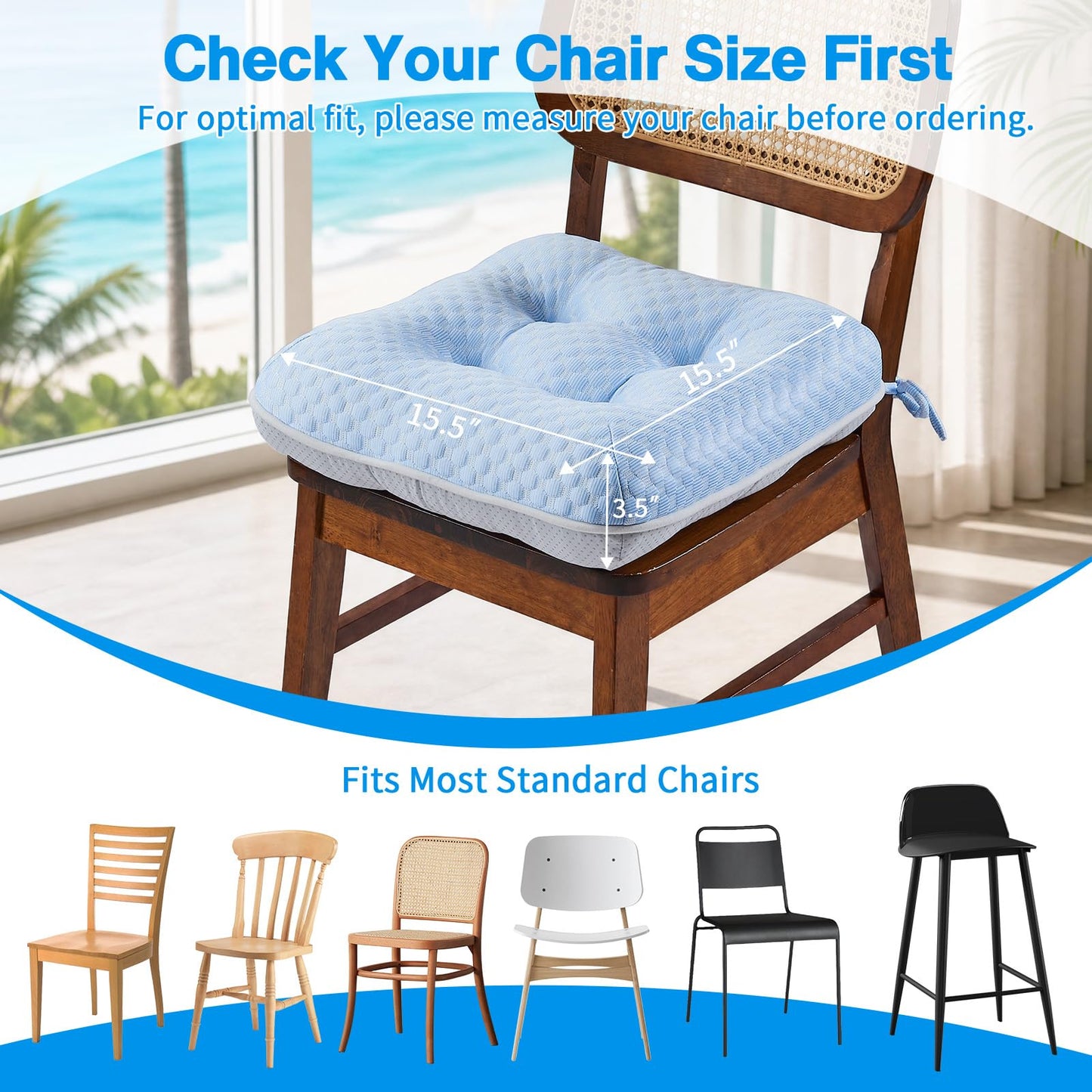 BETU Chair Cushions for Dining Chairs Set of 4, Seat Cushion Kitchen Table Chair Pads with Ties,Non Slip Backing and Covers, Seat Cushions for Dining Room,Bar,Patio Chairs,15.5"X15.5"X3.5",Blue