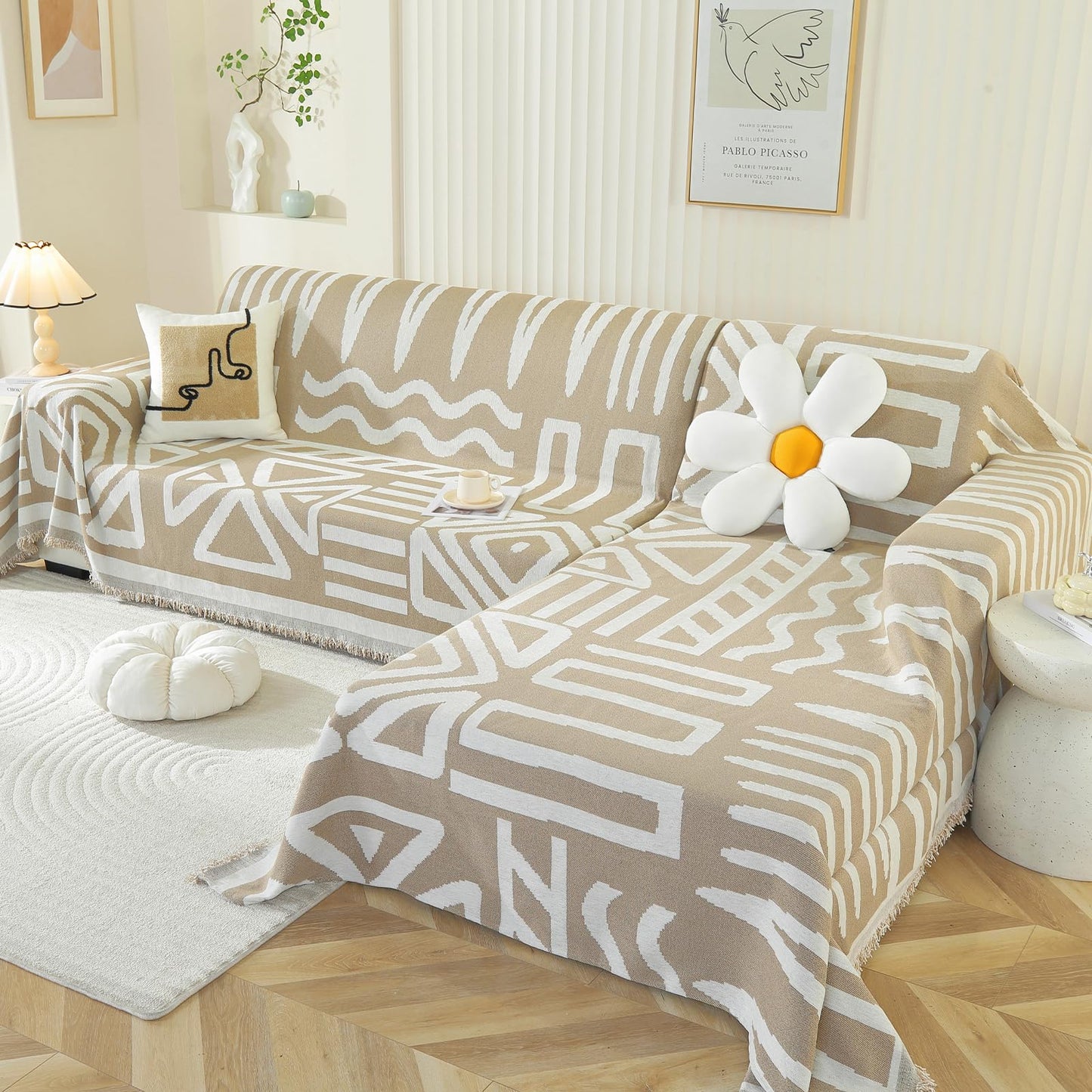 OstepDecor Boho Sectional Couch Covers 2 Pieces, L Shaped Sofa Cover, Chenille Couch Cover for Dogs Washable, Couch Cover Blanket, Sofa Slipcover for 2-3 Cushion Couch (71"x102"+71"x118", Khaki)