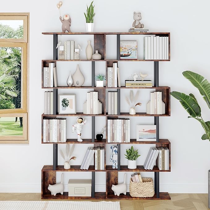 Yusong Geometric Bookcase, S Shaped Bookshelf 6-Tier Book Shelves