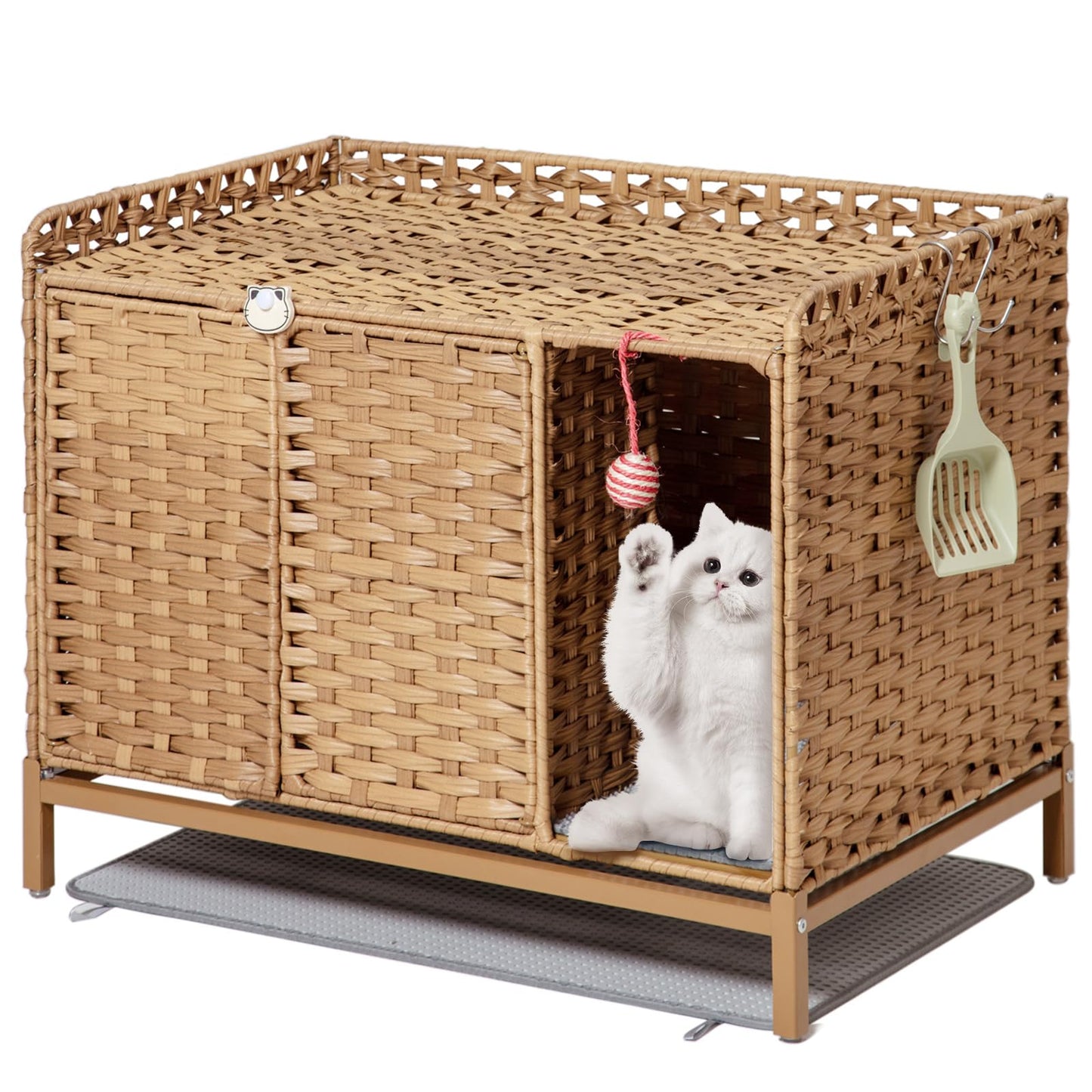 SETVSON Cat Litter Box Enclosure Furniture with Divider, Handwoven Rattan Litter Box with Mat, 31.2 x 19.6 x 24.2 Inches, Metal Heightened Feet, Hidden Cat House for Living Room, Bedroom (Natural)