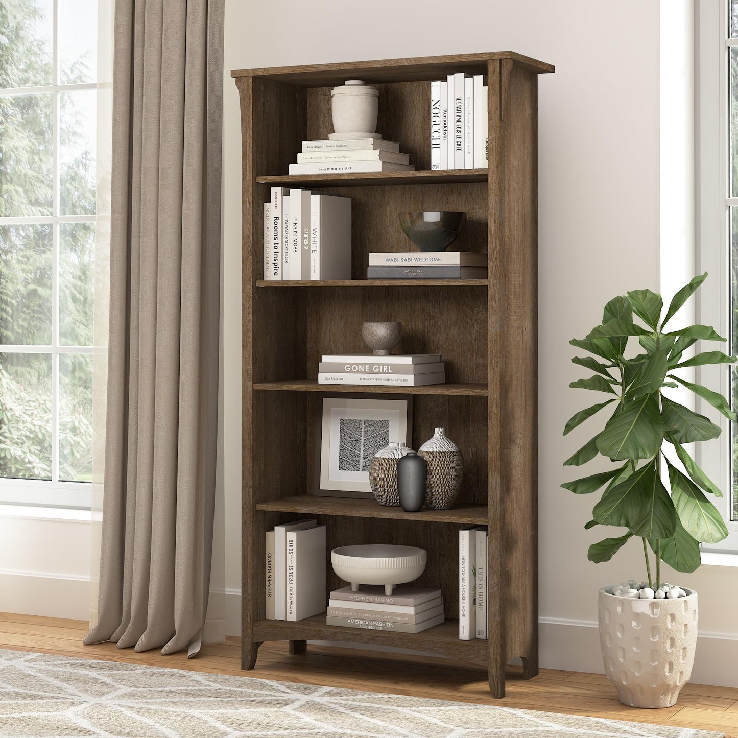 Bush Home Salinas 5 Shelf Bookcase in Ash Brown, Tall Bookshelf, Large Book Shelf for Living Room, Home Office, or Entryway