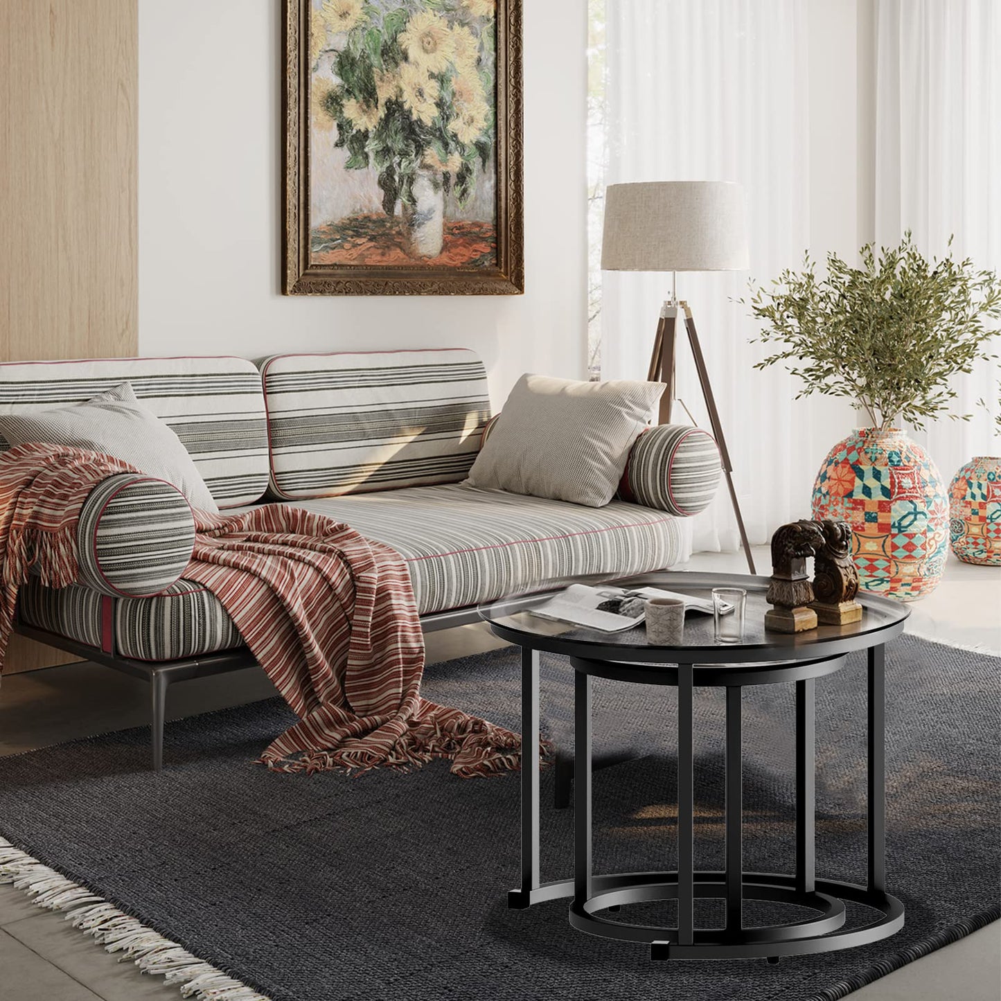 aboxoo Black Nesting Coffee Glass Table Set of 2, Metal Freme Side End Tables for Living Room Bedroom for Apartment Small Place Modern Industrial Simple, 23.6D x 23.6W x 17.7H in