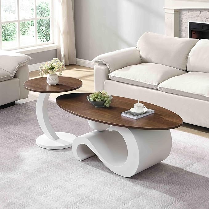 Modern Oval Coffee Table Set of 2, Wood Nesting Coffee Tables