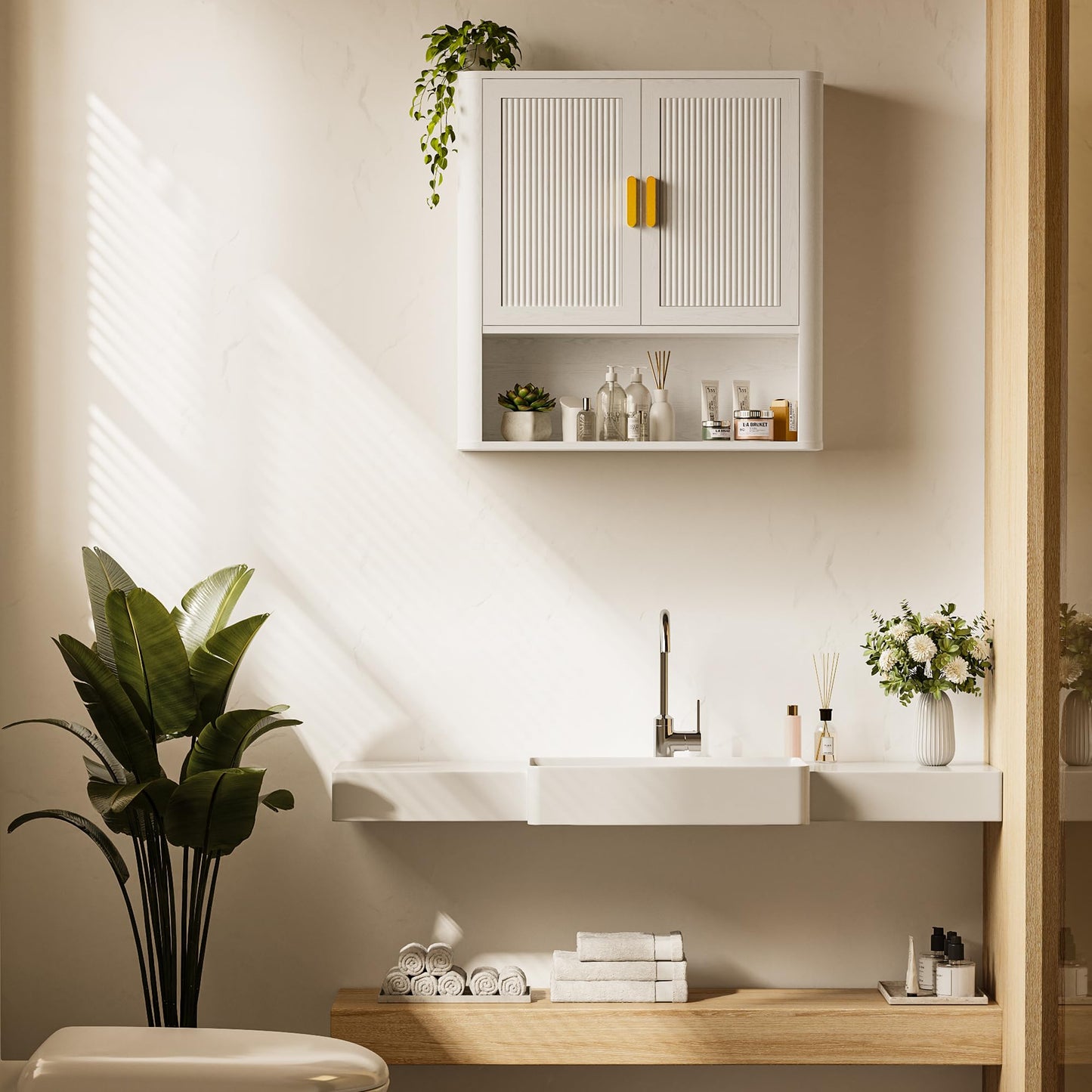 INNOD Bathroom Wall Cabinet, Wall-Mounted Medicine Cabinet with Adjustable Wood Shelf & Doors, Floating Bathroom Cabinet Over Toilet for Laundry Room & Kitchen & Living Room (White)