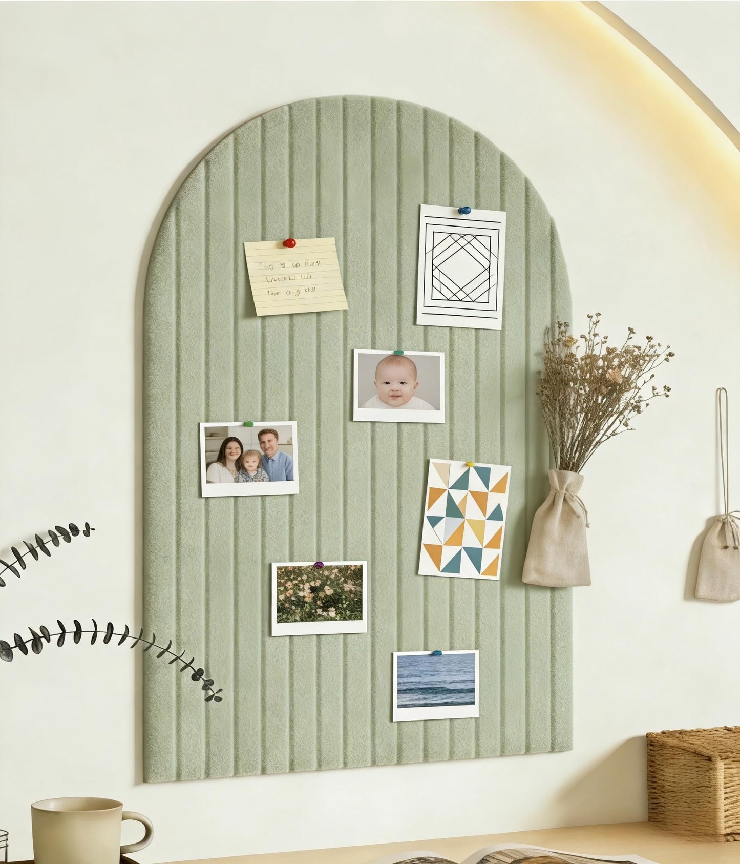 Large Arched Felt Bulletin Board, Sized 36" x 24" for Office & Wall Decor – 6 Customizable Adhesive Tiles with Pins are Perfect to Display Your Photos (Sage Green)