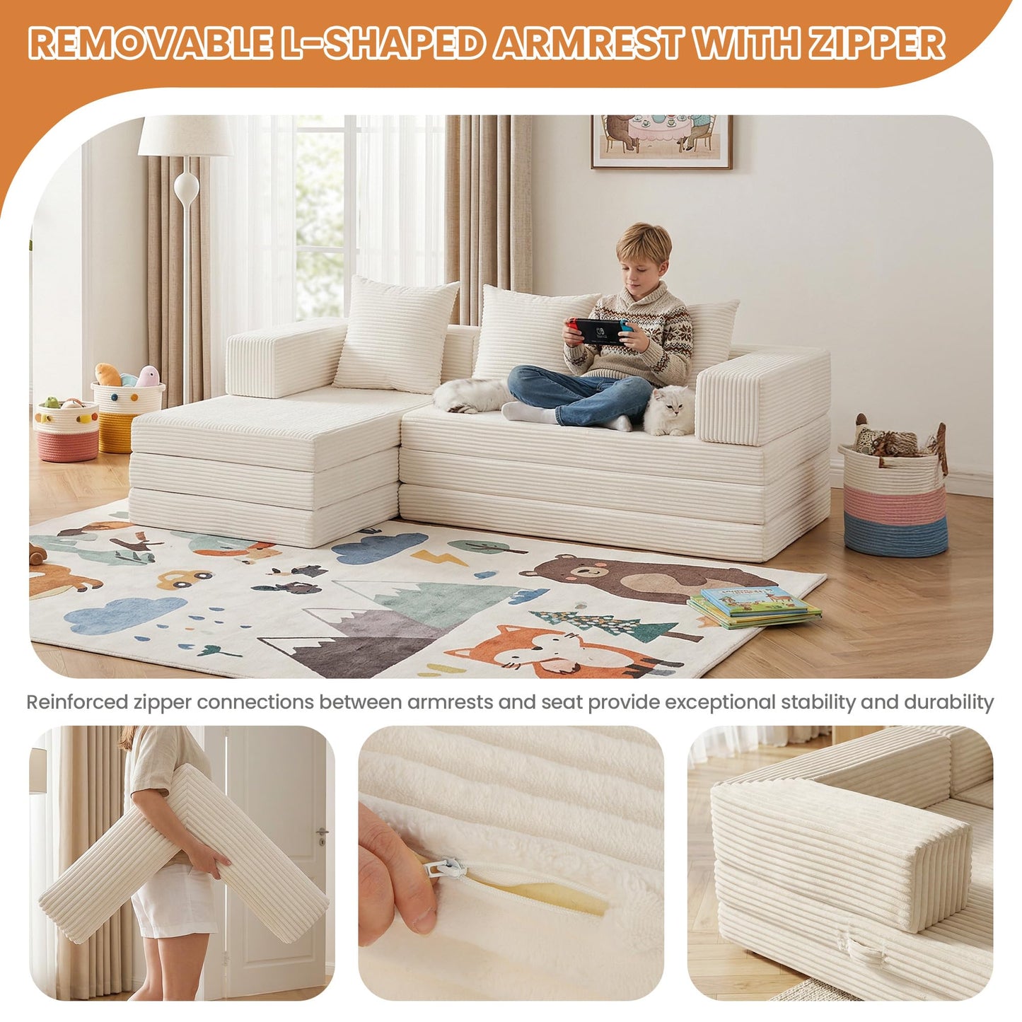 65" Boneless Couch,Convertible Sleeper Sofa Bed, Modular Sectional Sofa, Modern Tri-Folding Cloud Couch with L-Shape Chaise, Corduroy Futon Couches for Small Spaces Apartment,No Assembly