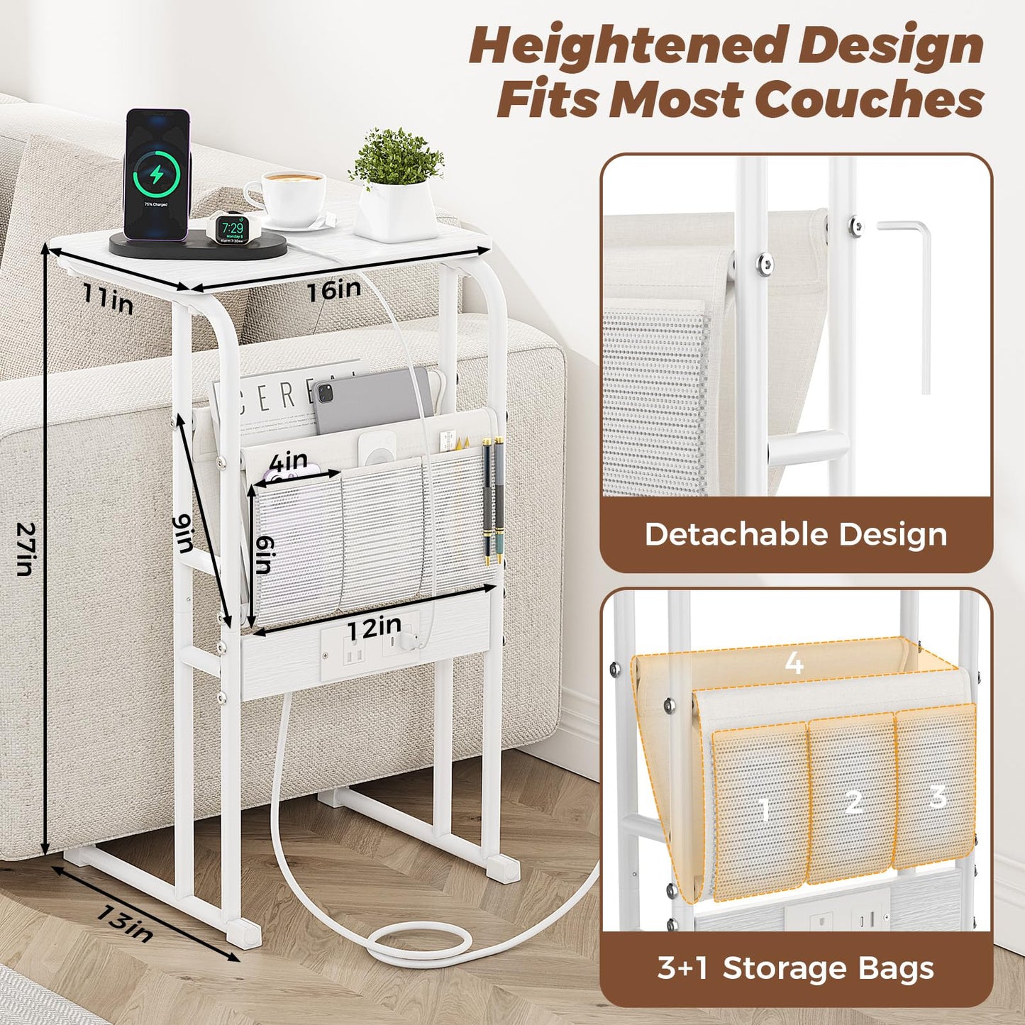 Olldide C-Shaped End Table with Charging Station and Storage Bag, Slide Under Couch Sofa Side Table, Metal Frame for Living Room, Bedroom, Small Space (White)