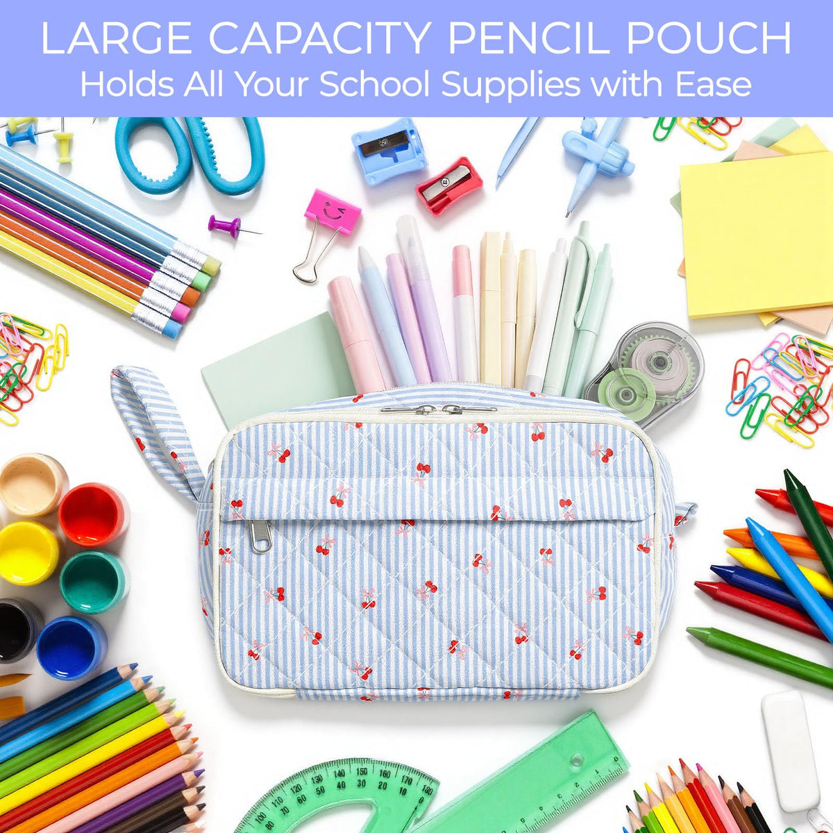 WOBAGMEN Quilted Pencil Pouch for Girls Women, Large Pencil Case Pouch with Compartments Cute Aesthetic Pencil Case Organizer, Floral Pencil Bag for School Supplies (Striped Cherry)