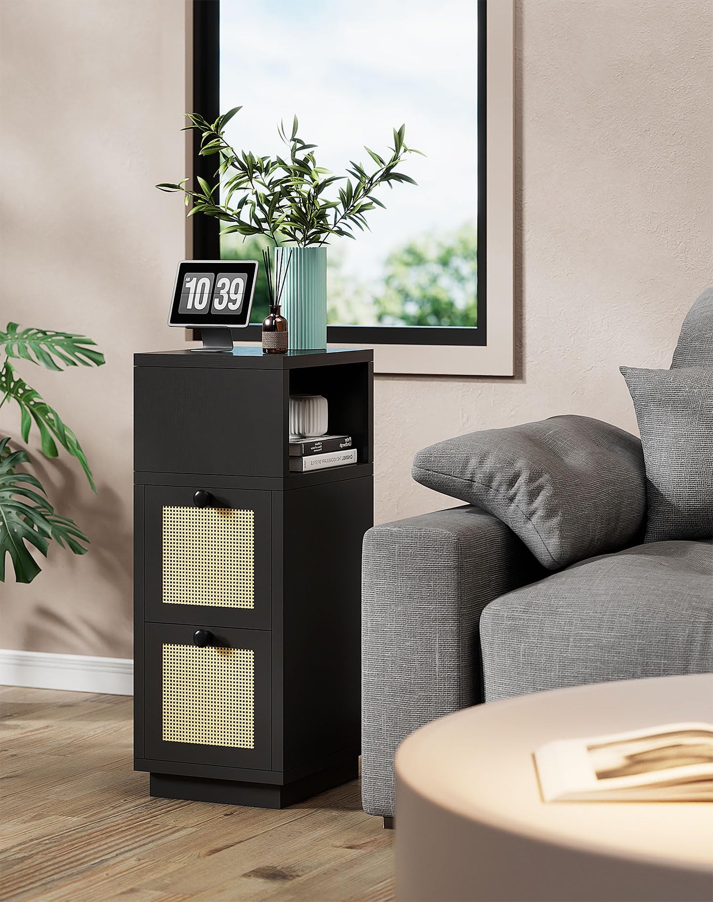 YMYNY Rattan Nightstands Set of 2, Boho Bedside Table with Open Shelf, 2 Drawers, 9.45" x 11.42" x 25.59", Narrow Side Table, Bedside Cabinet for Bedroom and Small Spaces, Black UHST017B-2