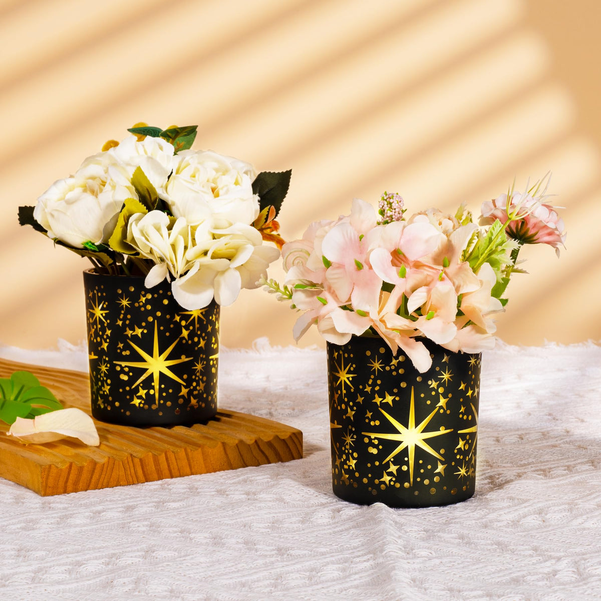 Toptime Votive Candle Holders Black and Gold, Glass Tealight Candle Holder Set of 3 with Stars Pattern, Vintage Tea Light Holders for Christmas Table Centerpiece Birthday Party Vanlentine's Day