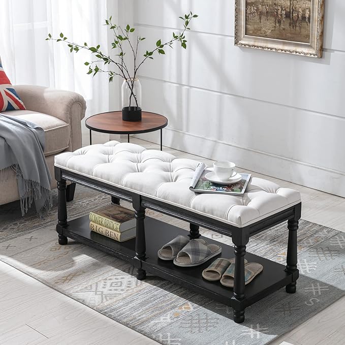 Farmhouse Storage Bench Wooden Entryway Linen Upholstered Ottoman Button Tufted
