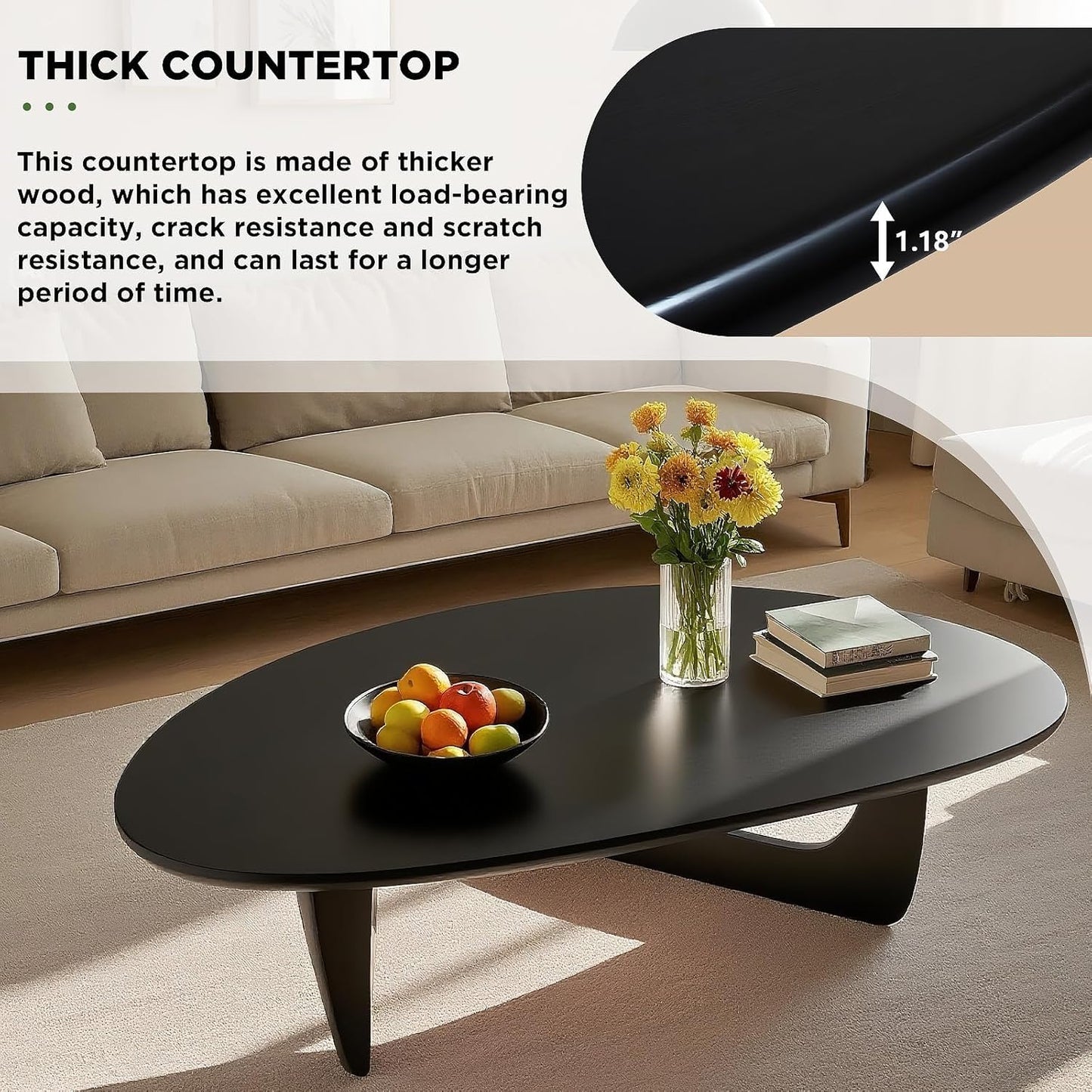 Solid Wood Triangle Coffee Table,Unique Mid Century Modern Oval Coffee Table,Irregular Geometric Tea Tables for Home Living Room with Wooden Tabletop and Reinforced Legs Black 35" L x 24" W x 16" H