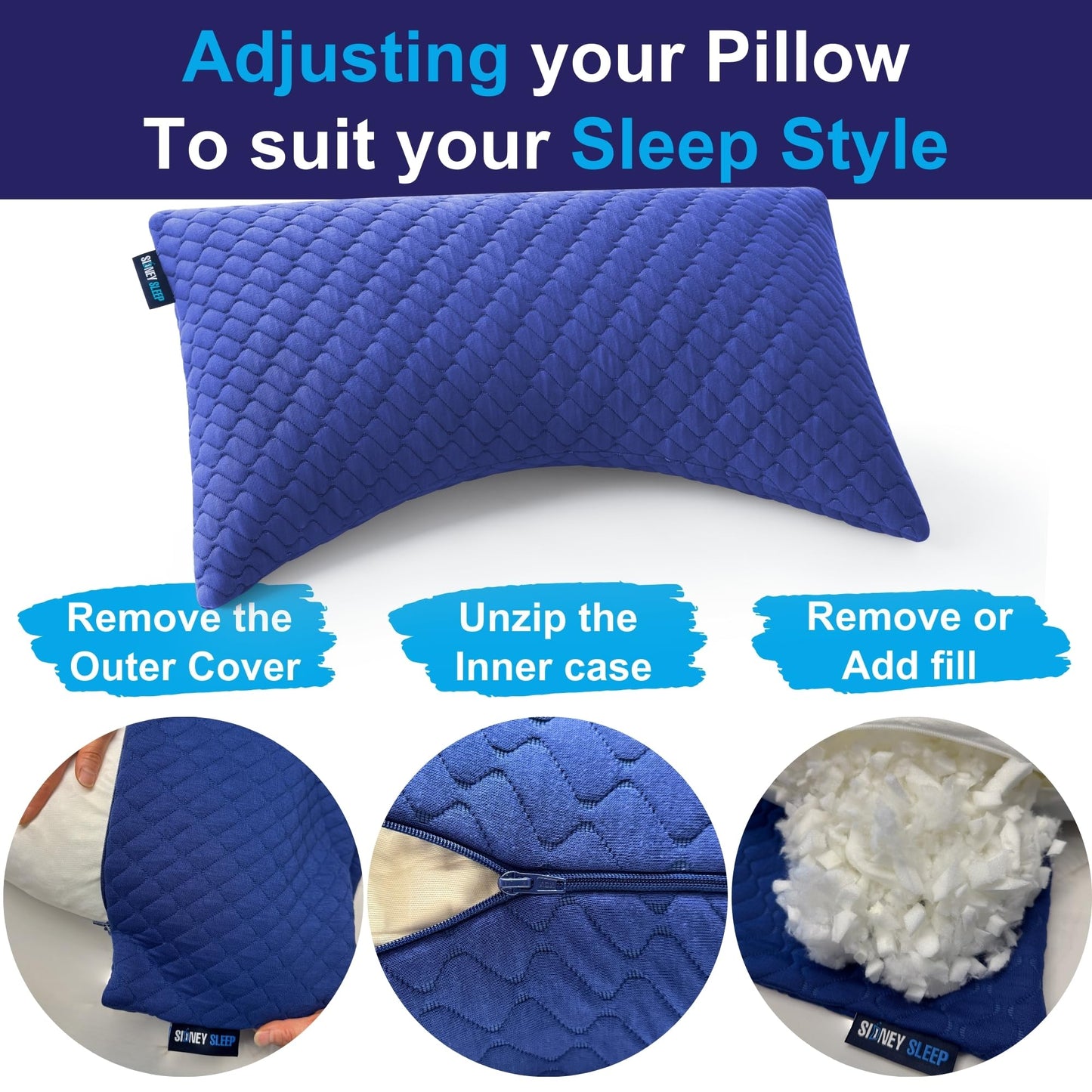 Sidney Sleep Adjustable Curved Pillows for Neck and Shoulder Support with Extra Shredded Fill - Cervical Contour Pillow for Side and Back Sleepers - Queen Size 19" x 29" - CertiPUR-US Certified (Blue)