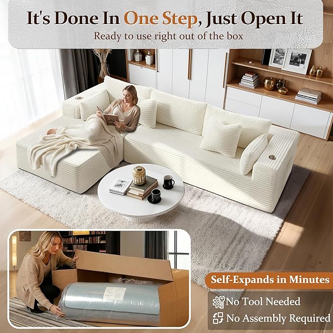 108" Cloud Sectional Couch, Comfort L Shaped Boneless Couch