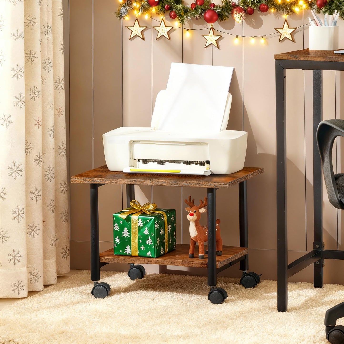 HOOBRO Printer Stand, 2-Tier Industrial Under Desk Printer Cart with Shelf, Mobile Heavy Duty Storage Rack on Wheels for Home, Office, Rustic Brown and Black BF02PS01G1