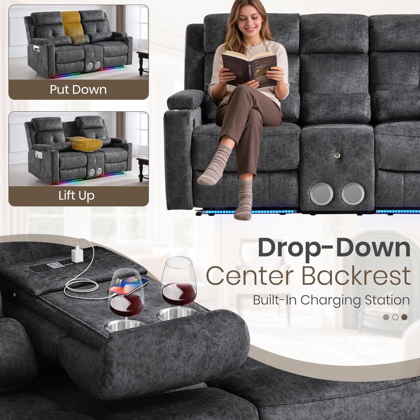 PALLOME Power Recliner Loveseat Sofa with Bluetooth Speakers, Home Theater Seating with LED Lights, One-Key Reset, USB-C Charging Ports, Hidden Storage, RV & Apartment (Grey)