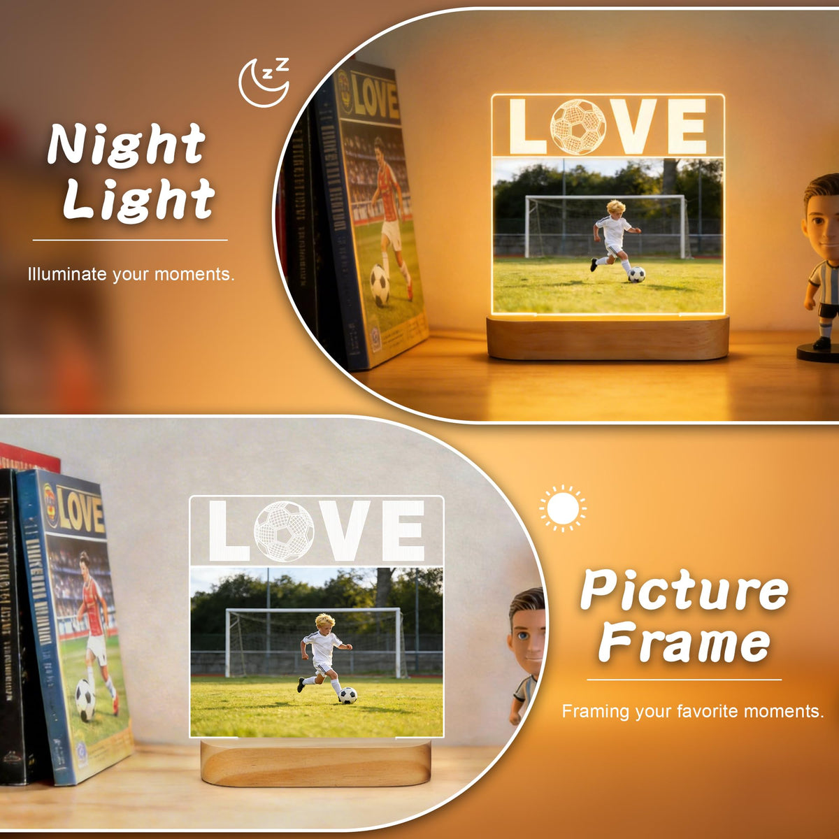 Okayera Light up Picture Frame, Soccer Gifts for Boy Teen Man, Love Football Frame LED Lamp with 4"X6" Photo, Sport Theme Bedroom Tabletop Office Decor, Present for Coach Athlete Fan Athletics