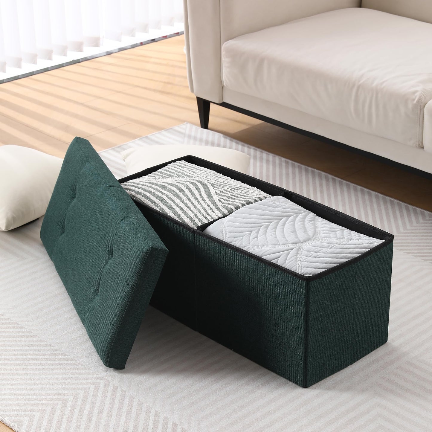 CUYOCA Storage Ottoman Bench Foldable Seat Footrest Shoe Bench End of Bed Storage with Flipping Lid, 75L Storage Space, 30 inches Linen Fabric Emerald, OT026DGN