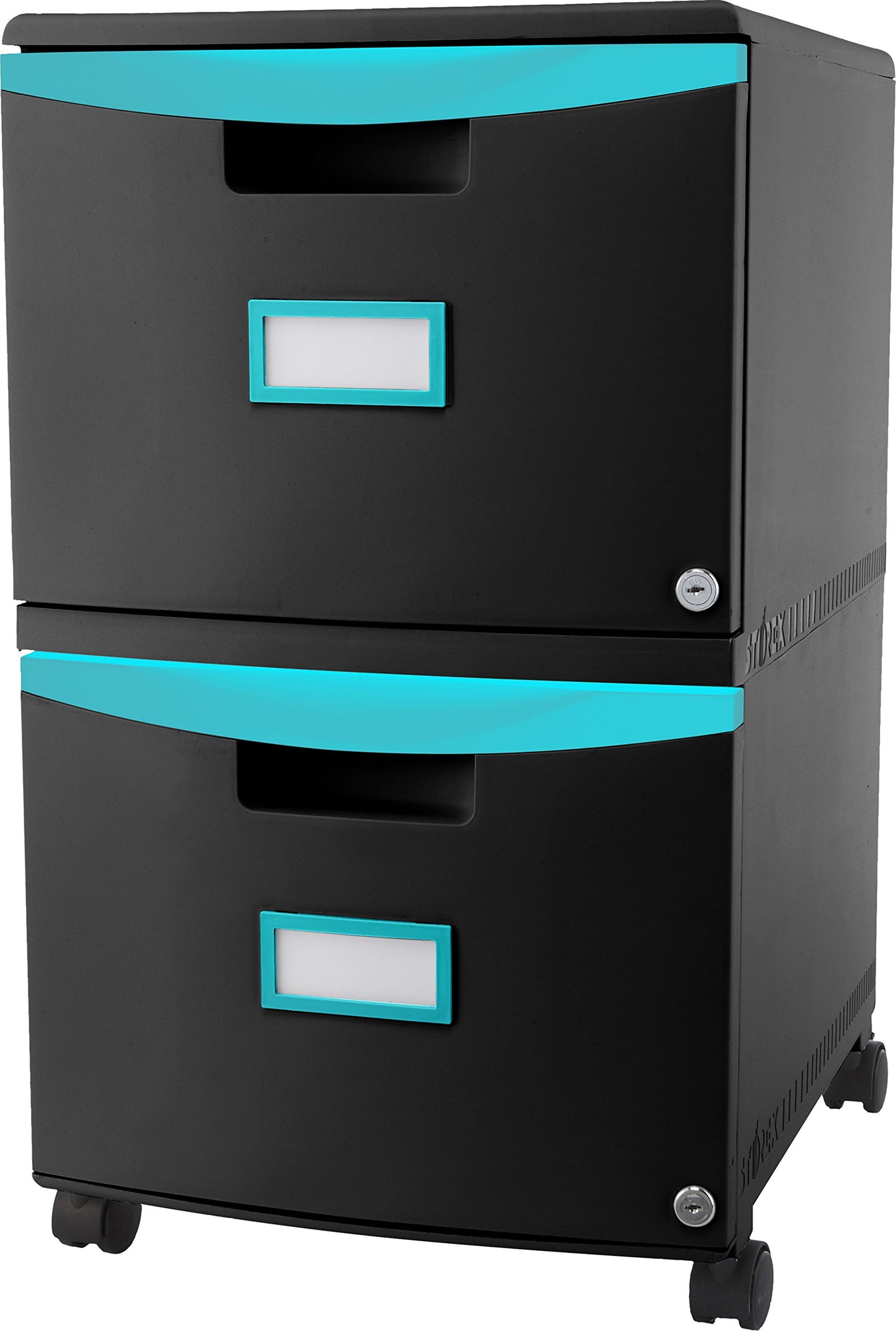 Storex Two-Drawer Mobile Filing Cabinet, 2 Legal/letter-Size File Drawers, Black/teal, 14.75" X 18.25" X 26"