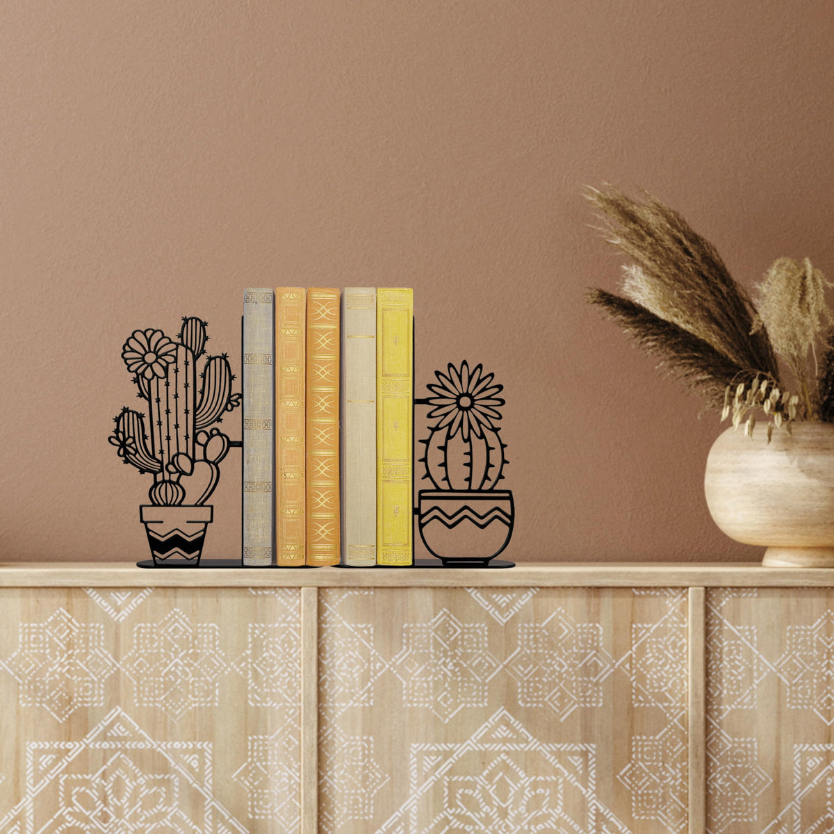 Metal Cactus Planter Book Ends, Dual Wave Pot Design Unique Cute Bookends with Rust Proof Coating, Home Office Decor & Gift for Book Lovers