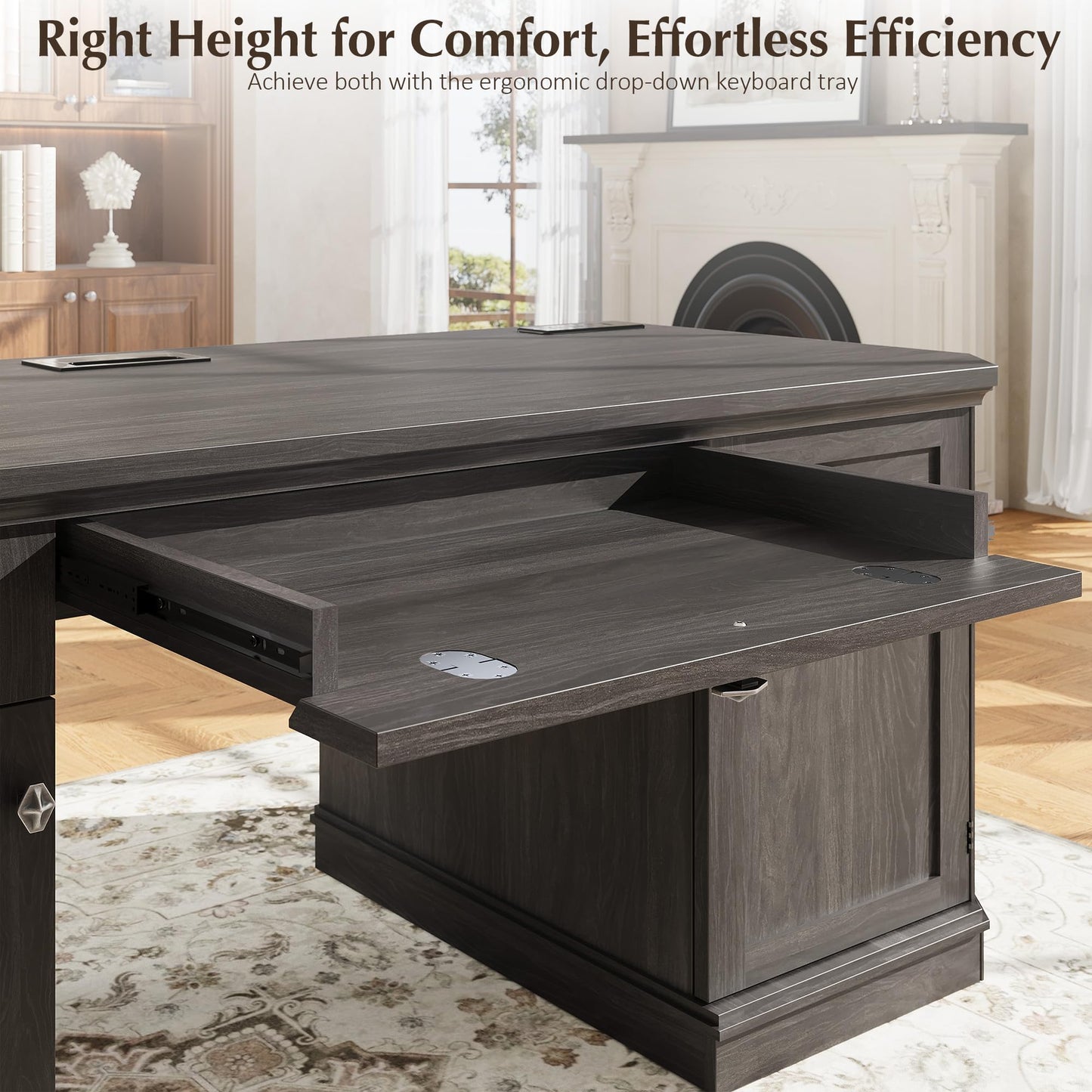 AMBERHAUS 59" Classic Executive Desk with Storage, Victorian Executive Desk with Charging Station, Keyboard Tray, 3 Drawers & 2 Cabinet Storage & 2 Pedestals, Easy Assembly, Black