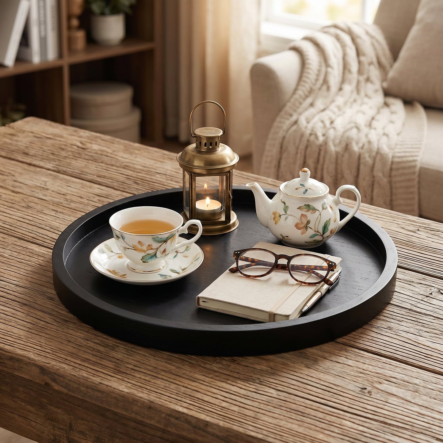 Round Ottoman Tray Large Wood Serving Tray for Table Living Room Bedroom, 20 Inches Black