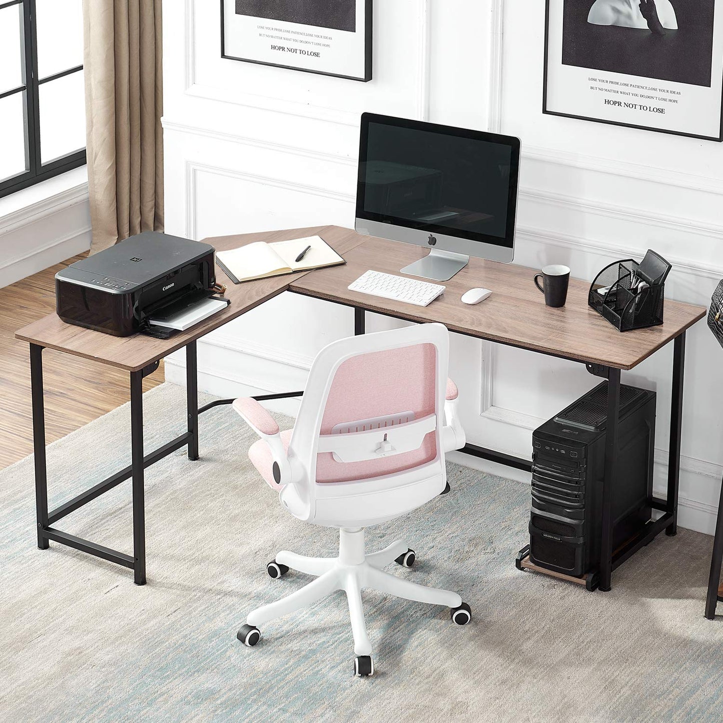 VECELO Corner Desk,Office Tables for Living Room for Small Space Triangle Computer Desk with Steel Frame Corner Shelves with Metal Frame Writing Desk for Workstation Classic White 66"